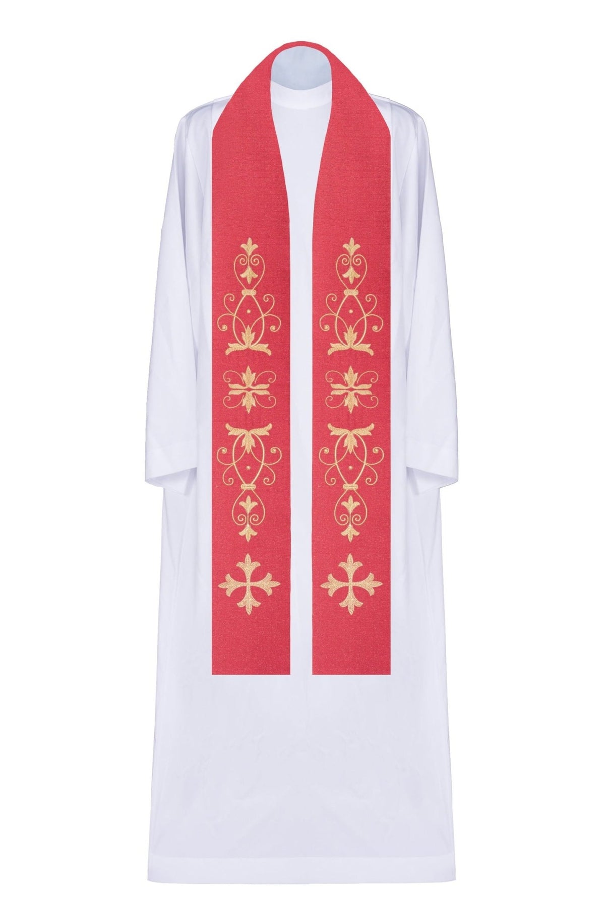 Rote Stola mit gesticktem Kreuz und floralem Motiv, Vorderansicht mit goldfarbener Stickerei