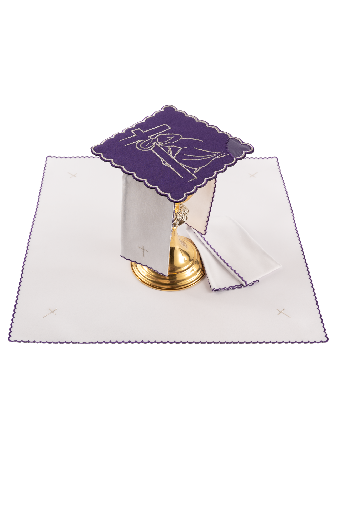 Weißes Kelchwäsche-Set mit violetter Palla und Kreuzwegstickerei