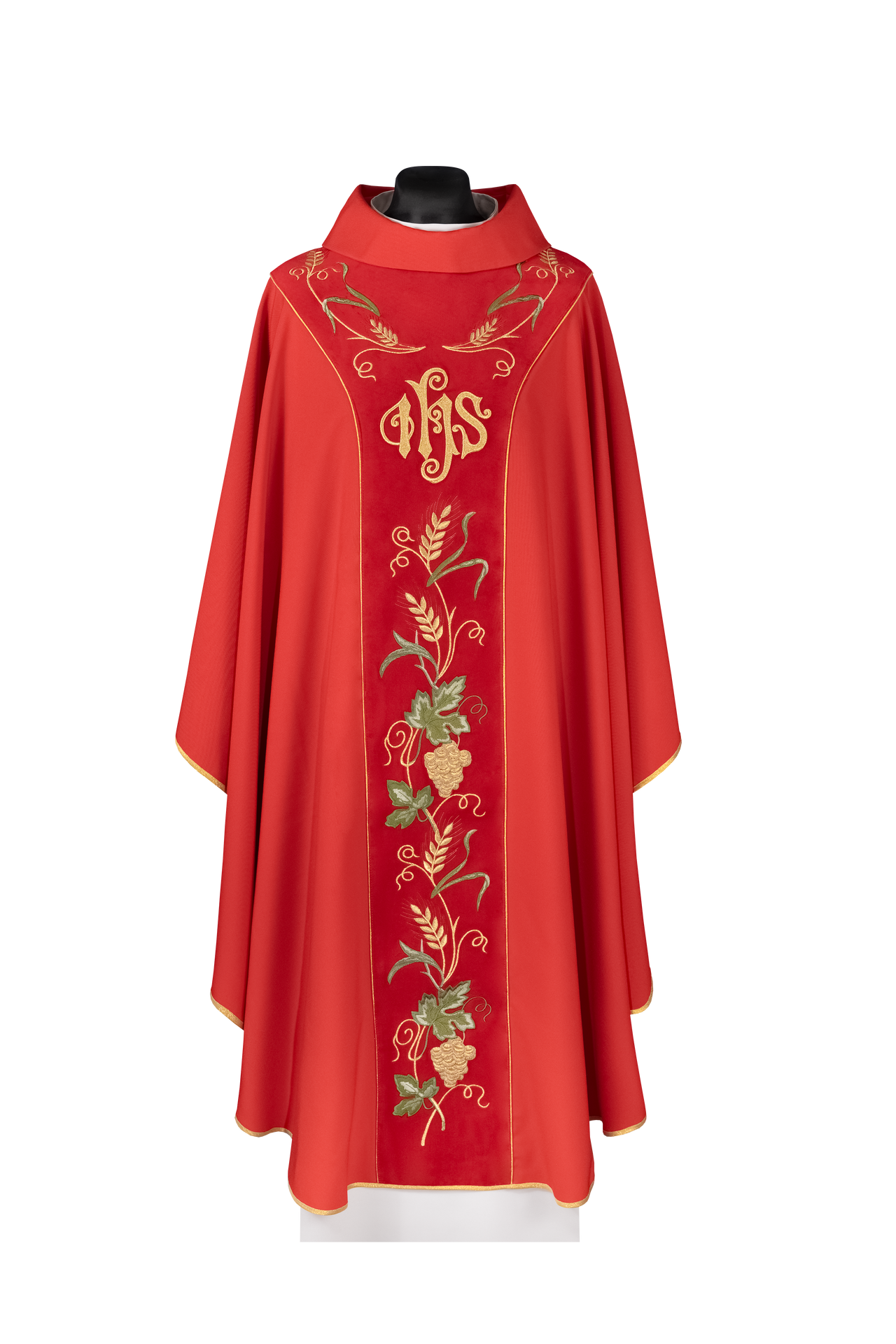 Ornat z aksamitnym czerwonym pasem i haftem IHS - ORNATY.PL