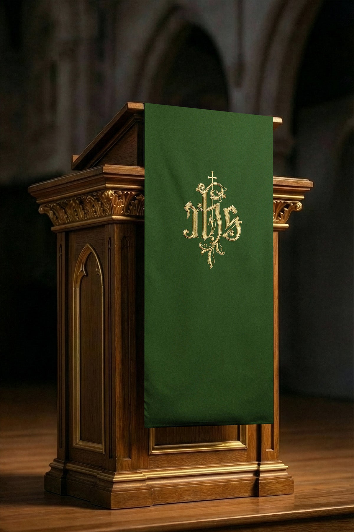 Grün bestickte Rednerpult Serviette mit IHS Symbol
