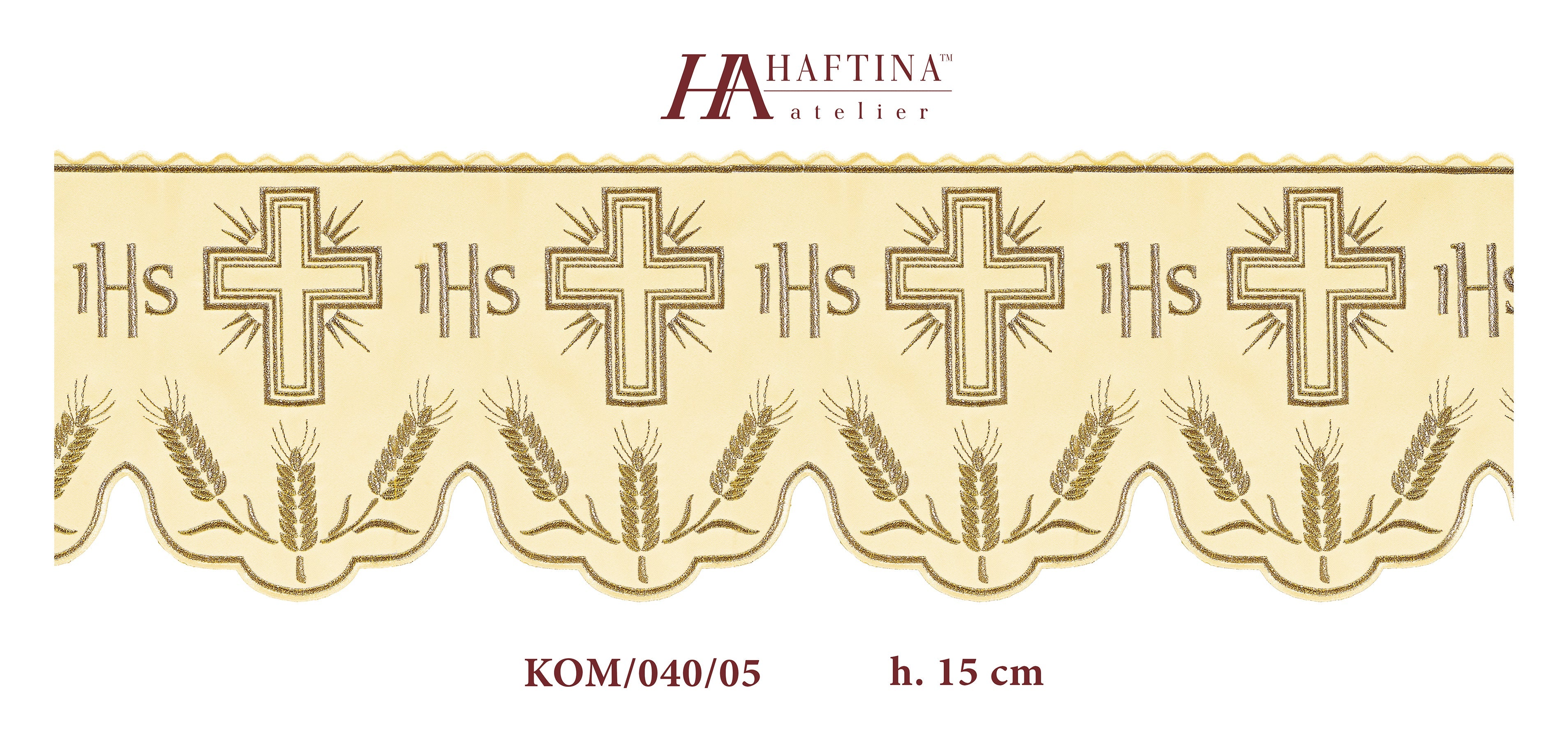 Metraż z monogramem IHS w kolorze ecru z motywem krzyża - ORNATY.PL
