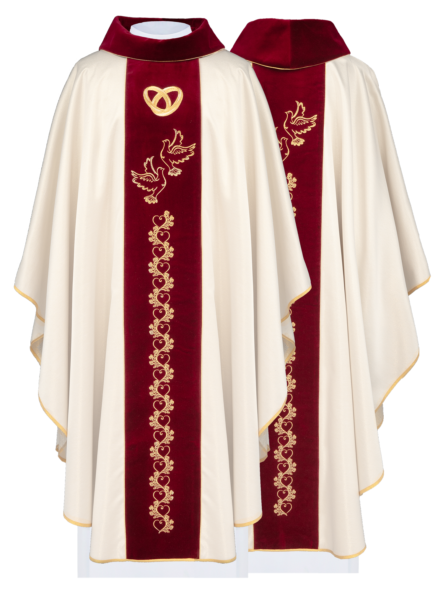 Chasuble in Ecru für die Hochzeit mit roter Samtschärpe