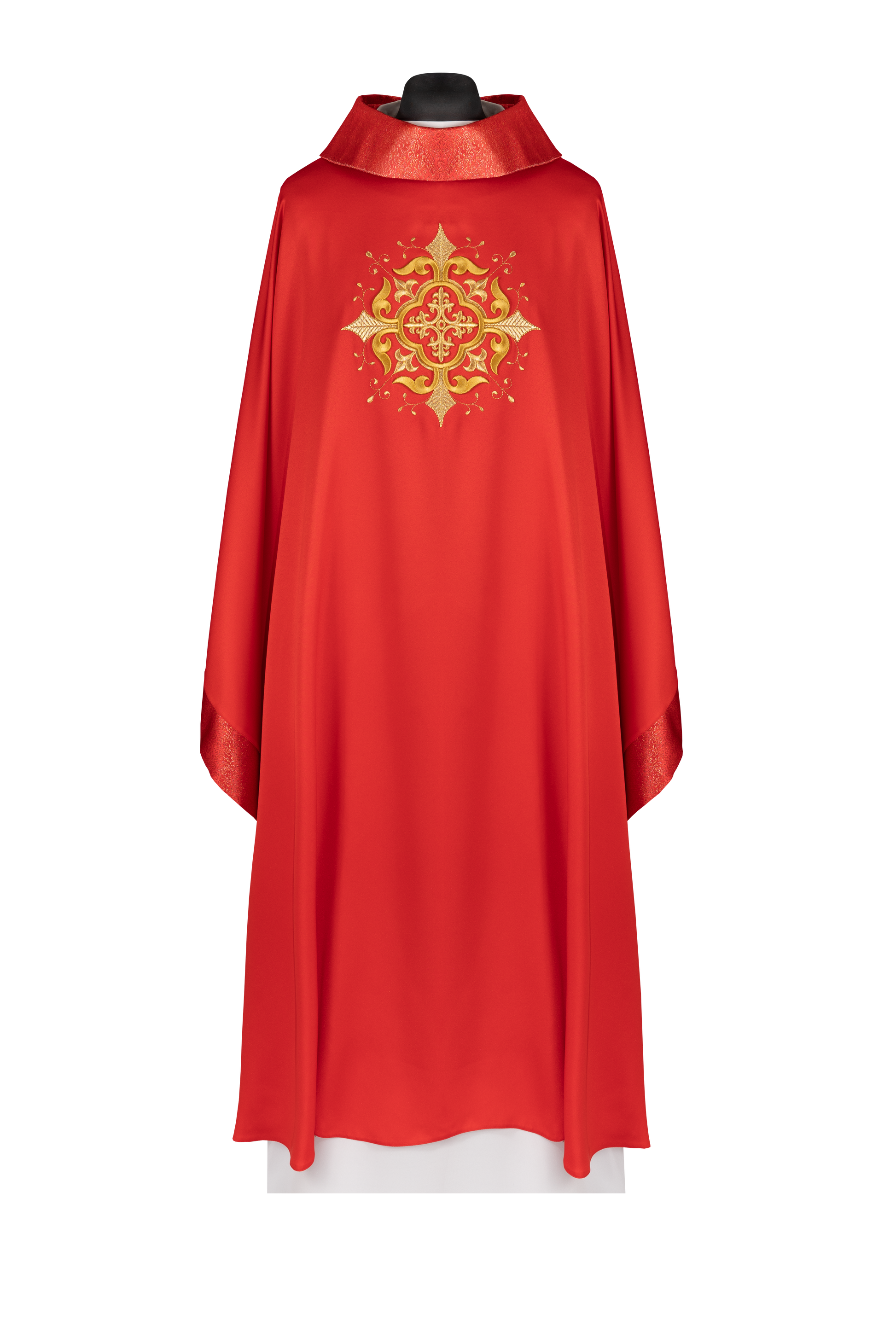 Rote liturgische Kasel mit besticktem Kreuzmotiv und reicher Veredelun