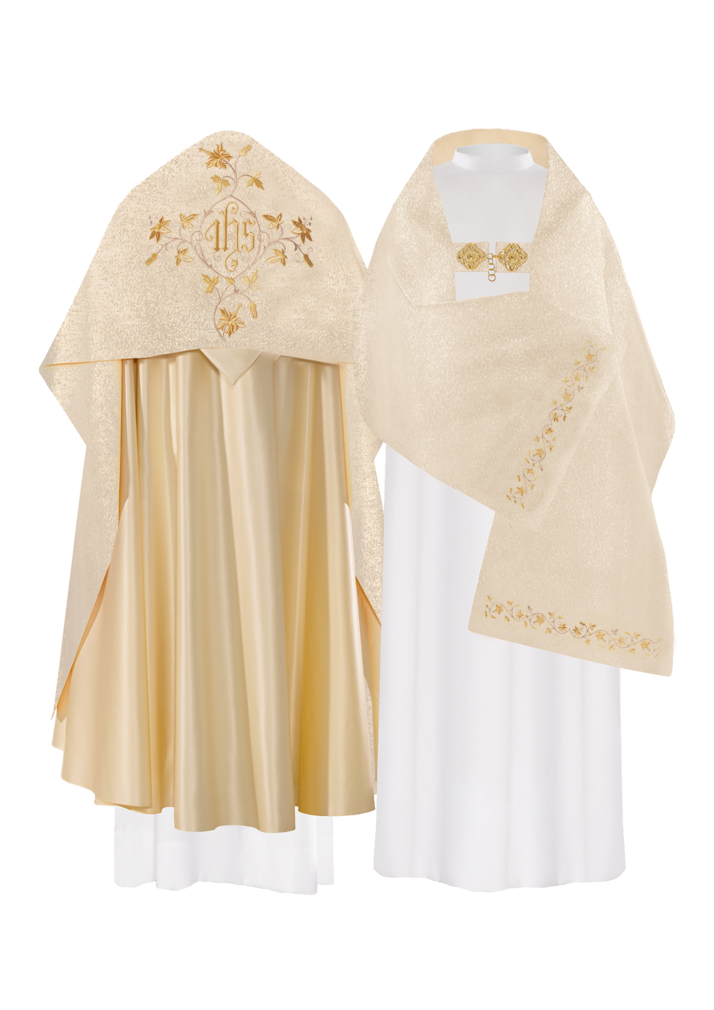 Goldenes besticktes Schultervelum mit IHS-Symbol und floralem Motiv