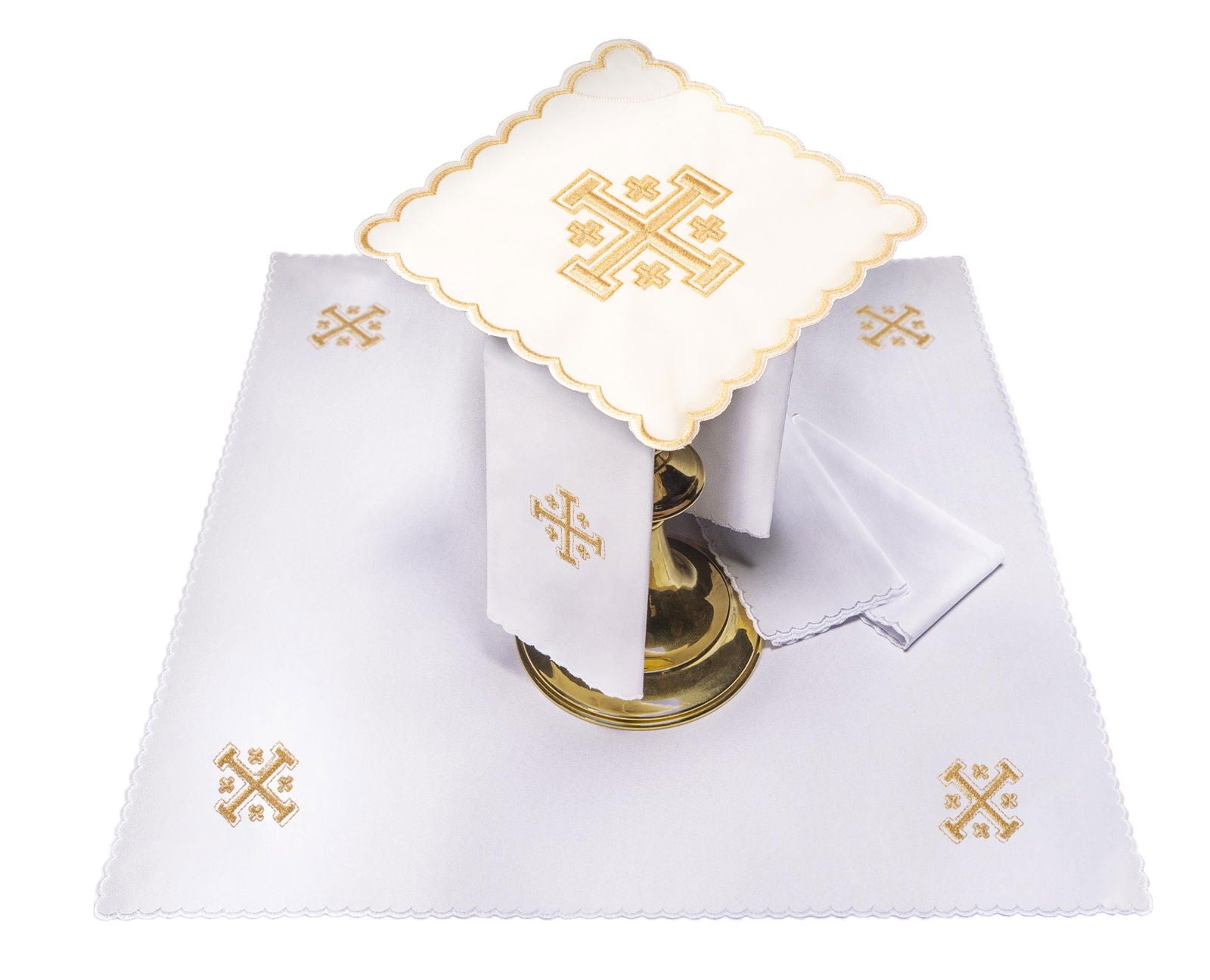 Komplet Kielichowy Haftowany Krzyż Jerozolimski ecru - ORNATY.PL