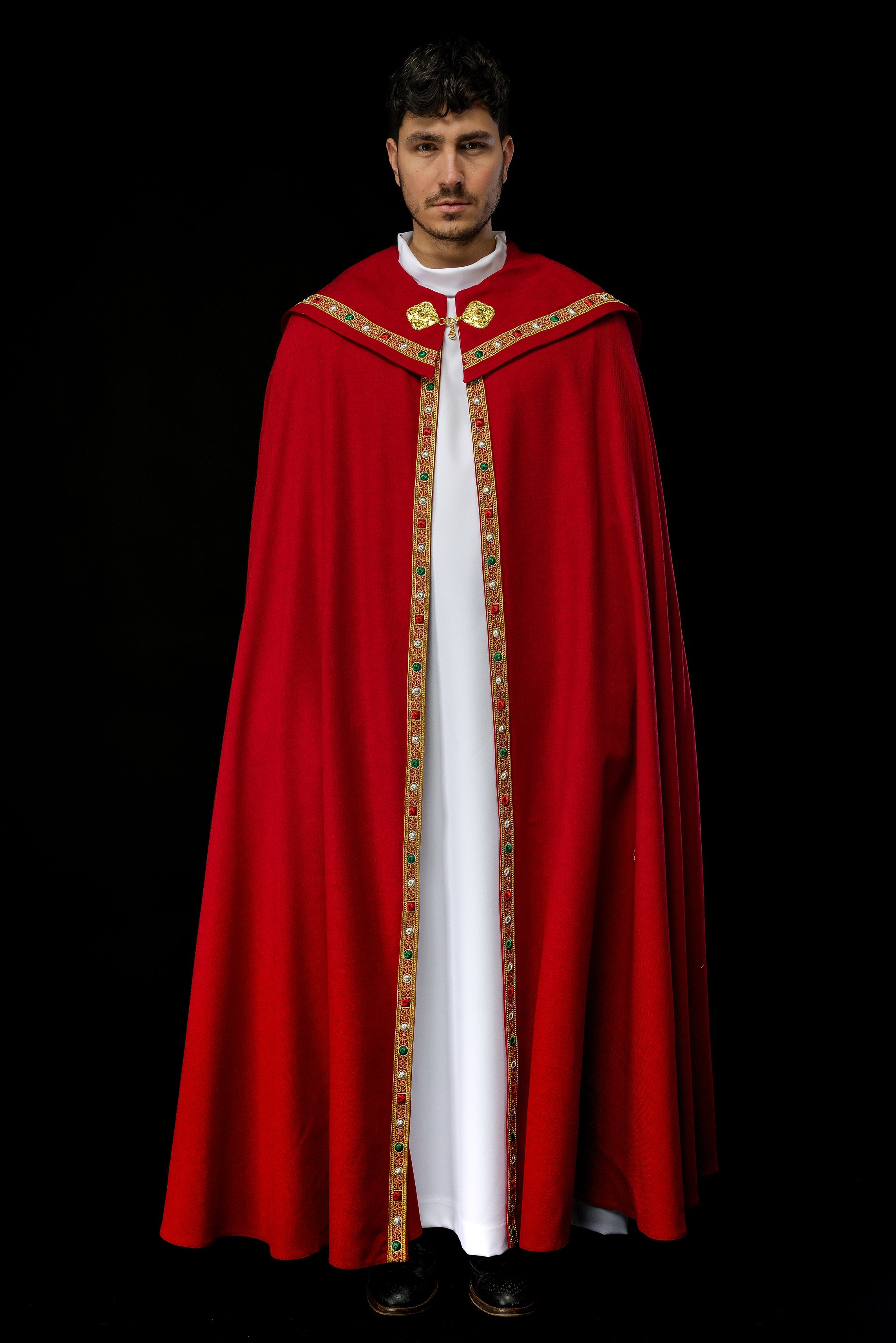Czerwona kapa liturgiczna z złotym IHS - ORNATY.PL