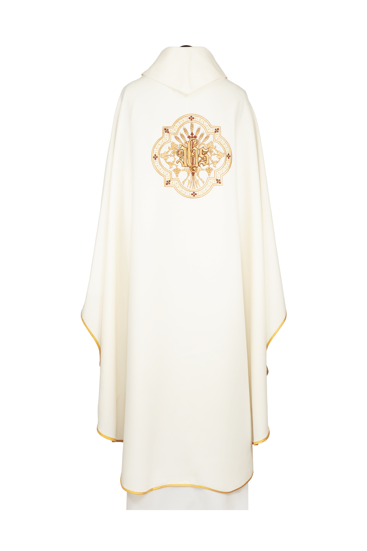 Bestickte Kasel mit Motiv des eucharistischen Kelchs und dem Symbol IHS - MESSGEWANDER.DE