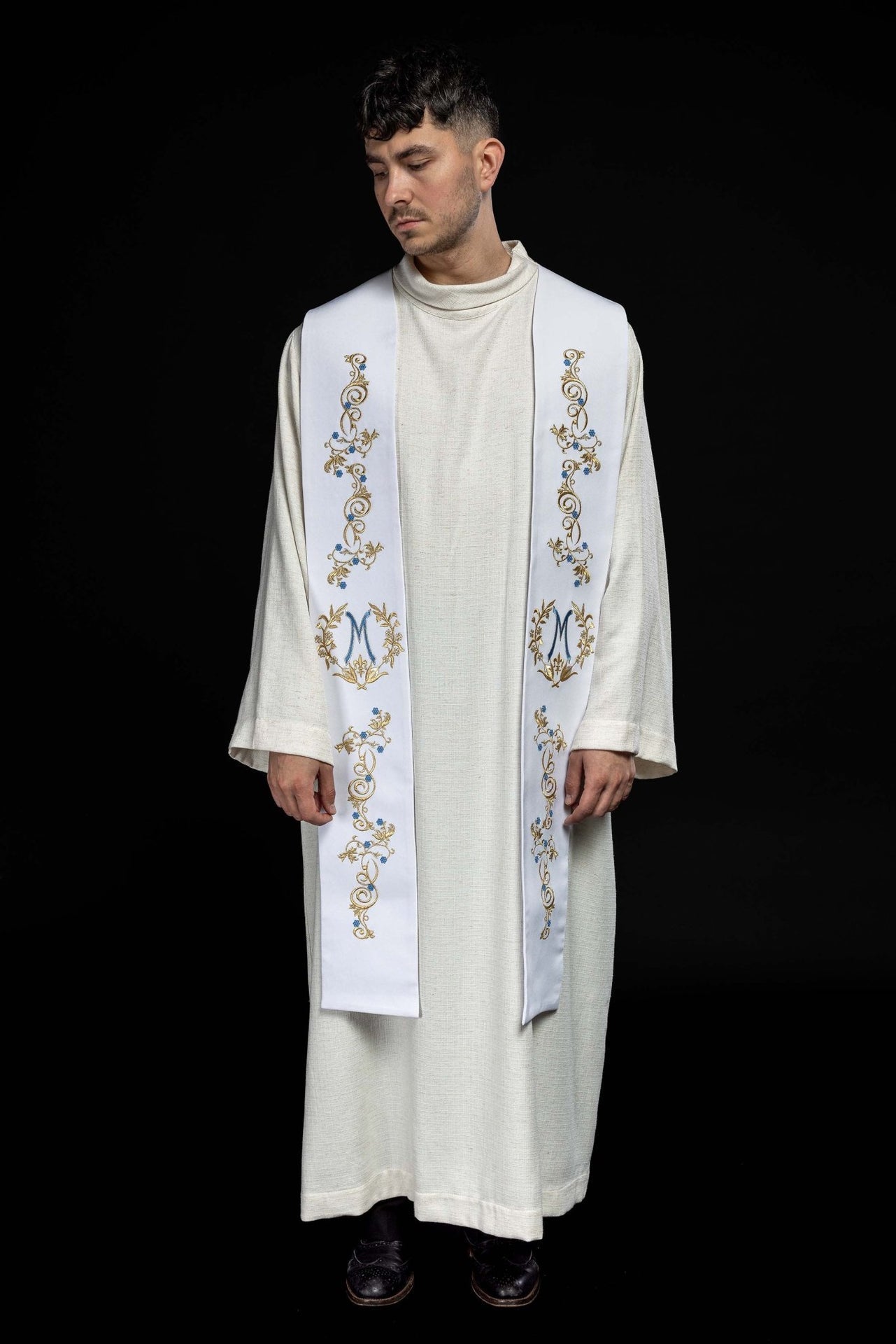 Bestickte marianische Priesterstola Weiß - MESSGEWANDER.DE