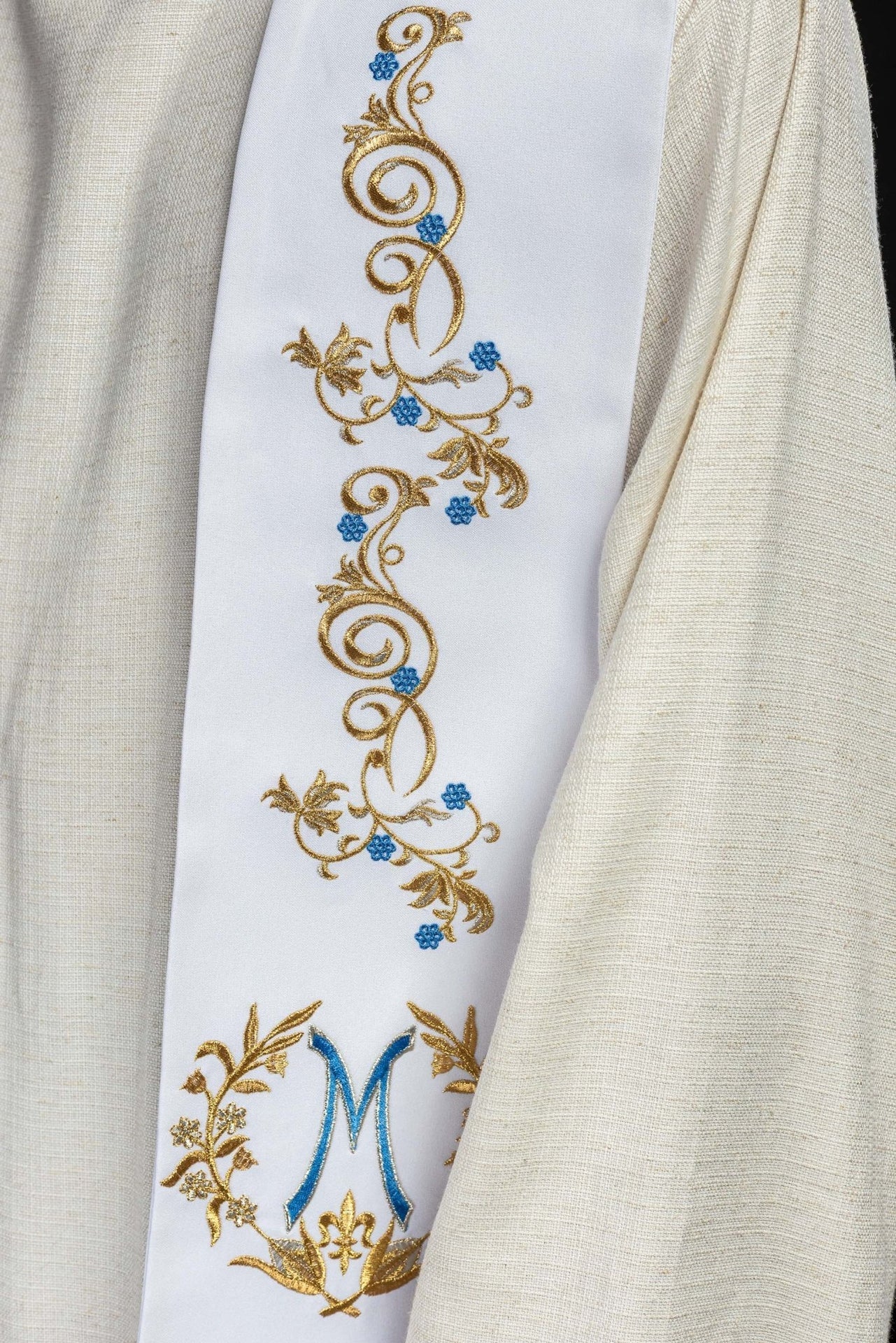 Bestickte marianische Priesterstola Weiß - MESSGEWANDER.DE