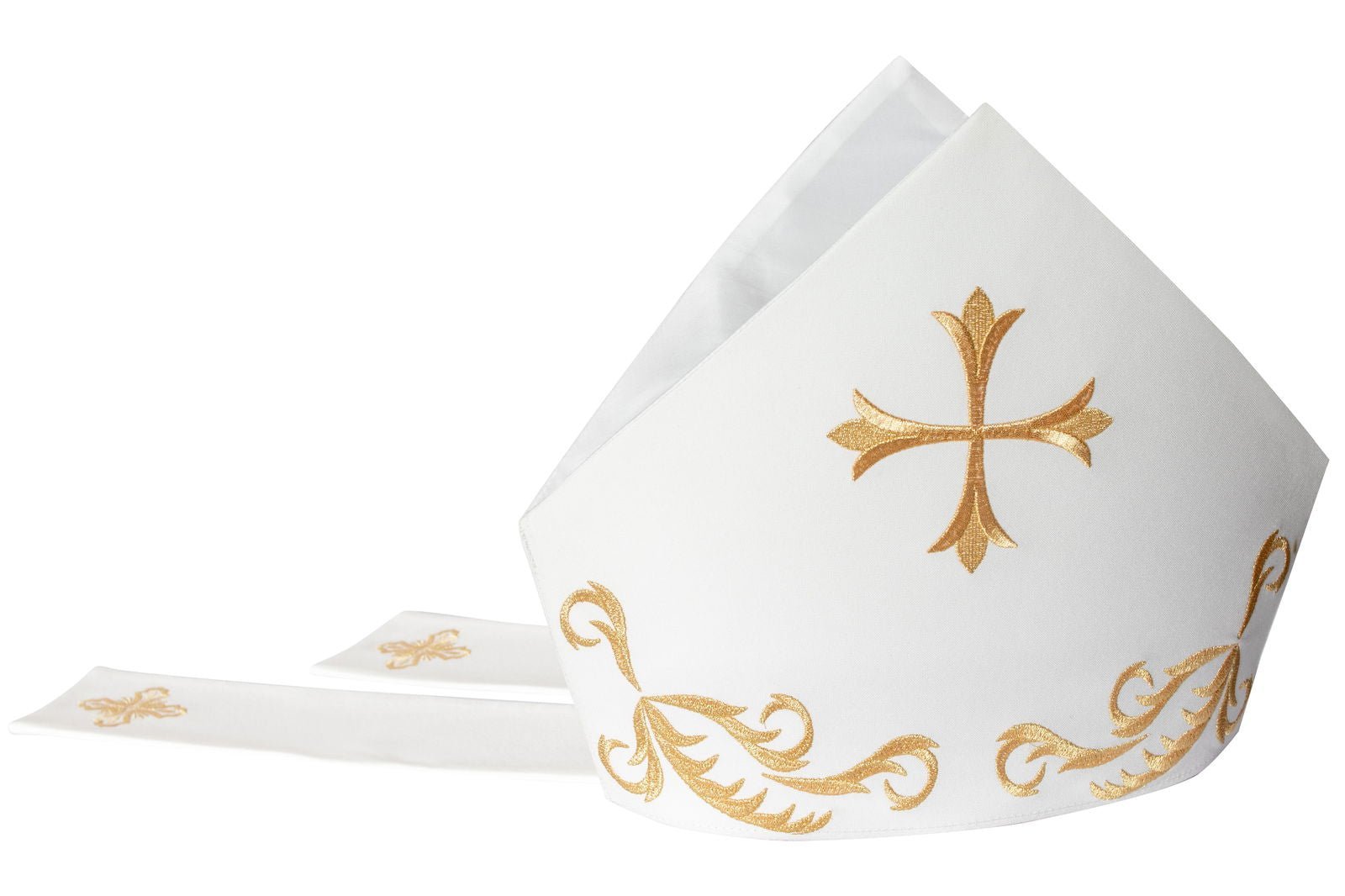 Bestickte Mitra, verziert mit einem goldenen Kreuz - MESSGEWANDER.DE