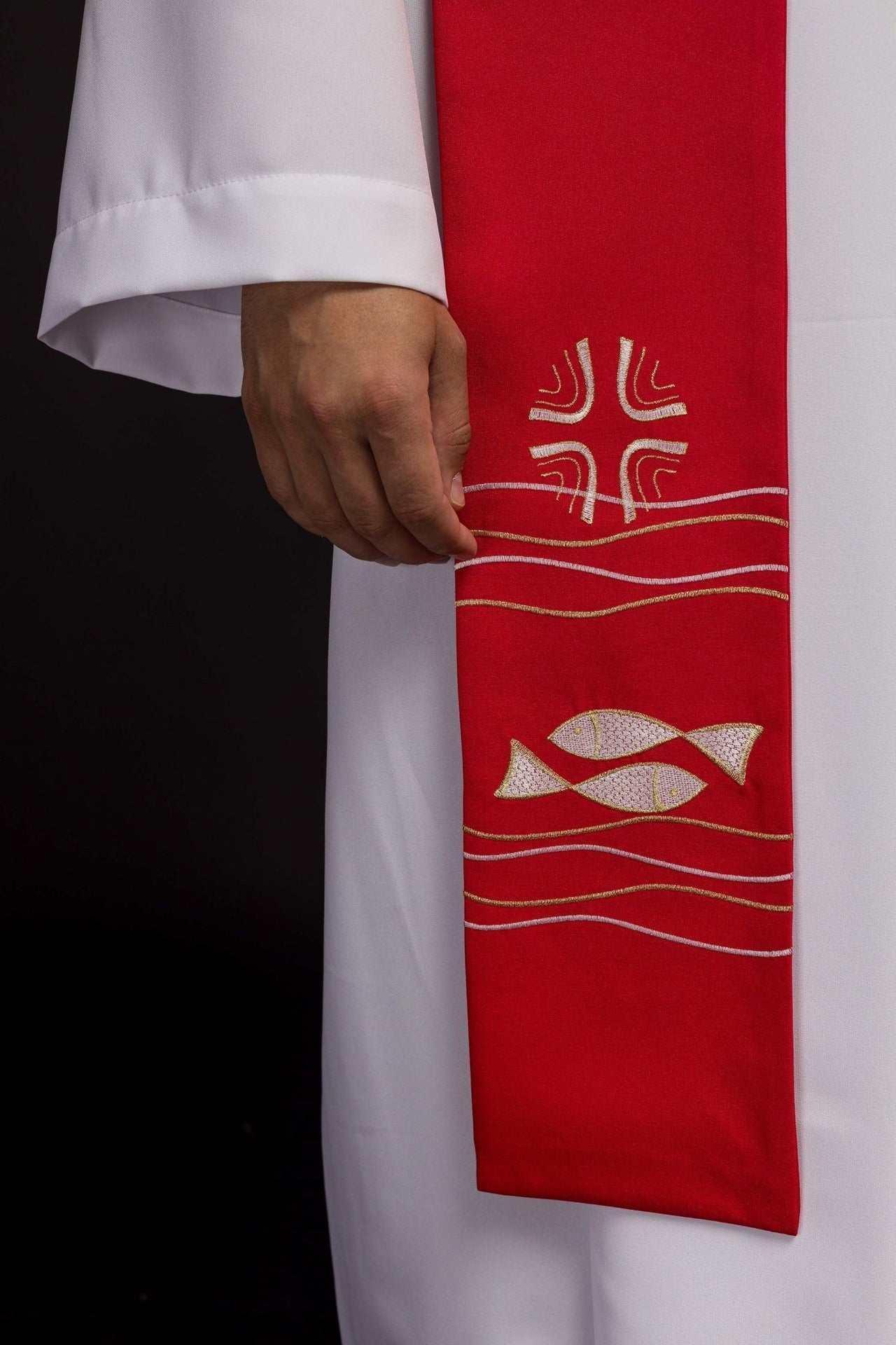 Bestickte Priesterstola Fisch Rot - MESSGEWANDER.DE