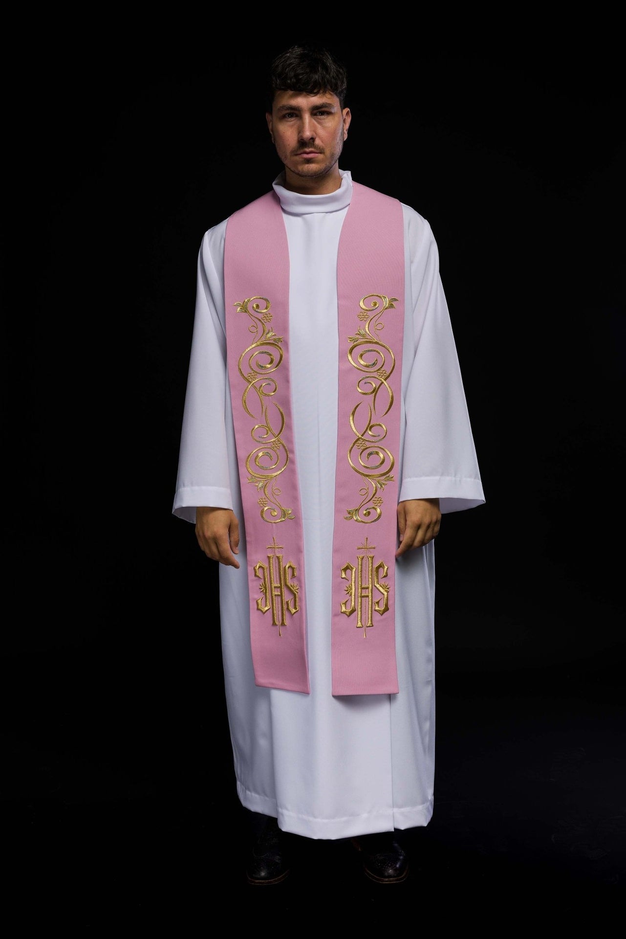 Bestickte Priesterstola IHS Rosa - MESSGEWANDER.DE