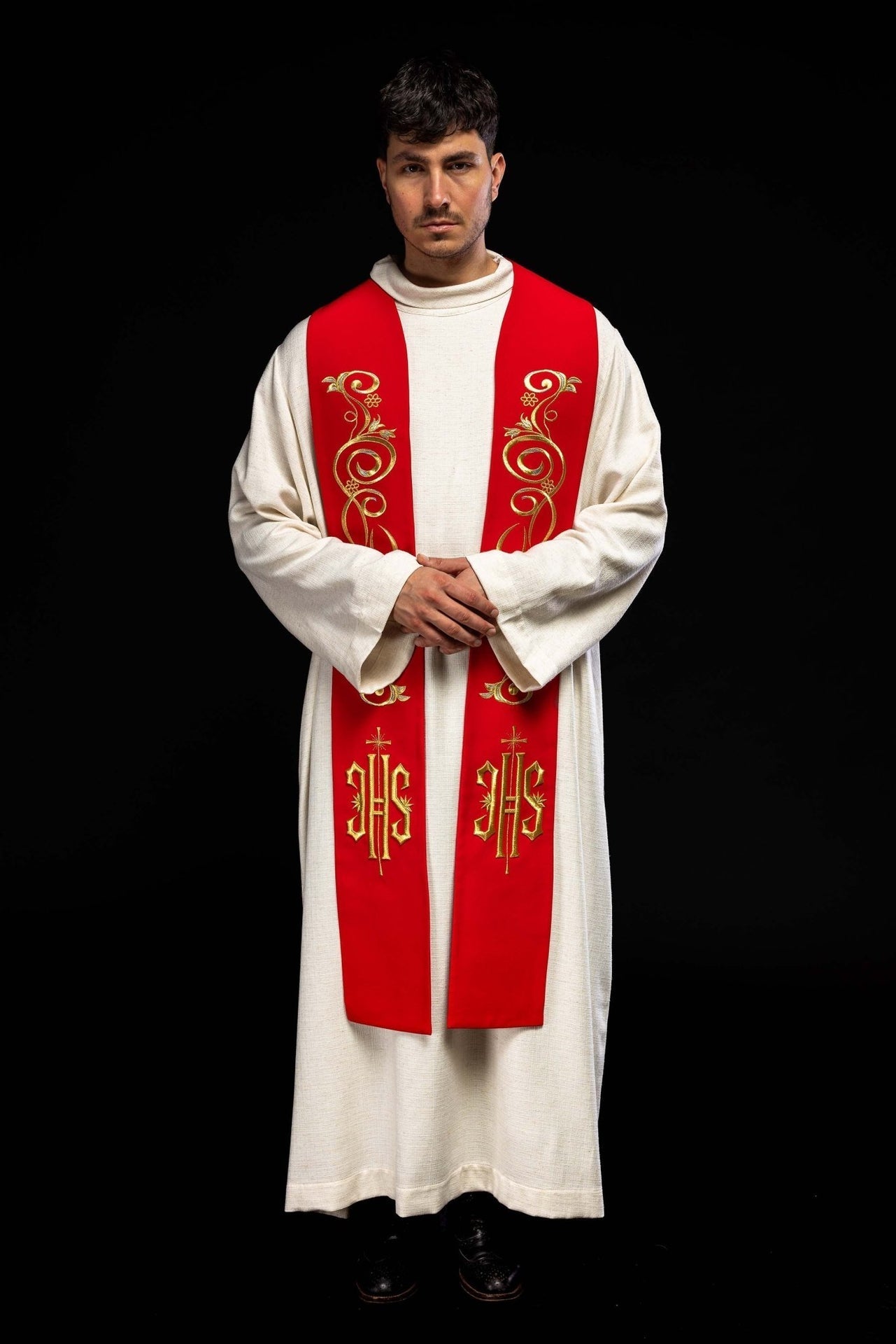 Bestickte Priesterstola IHS Rot - MESSGEWANDER.DE