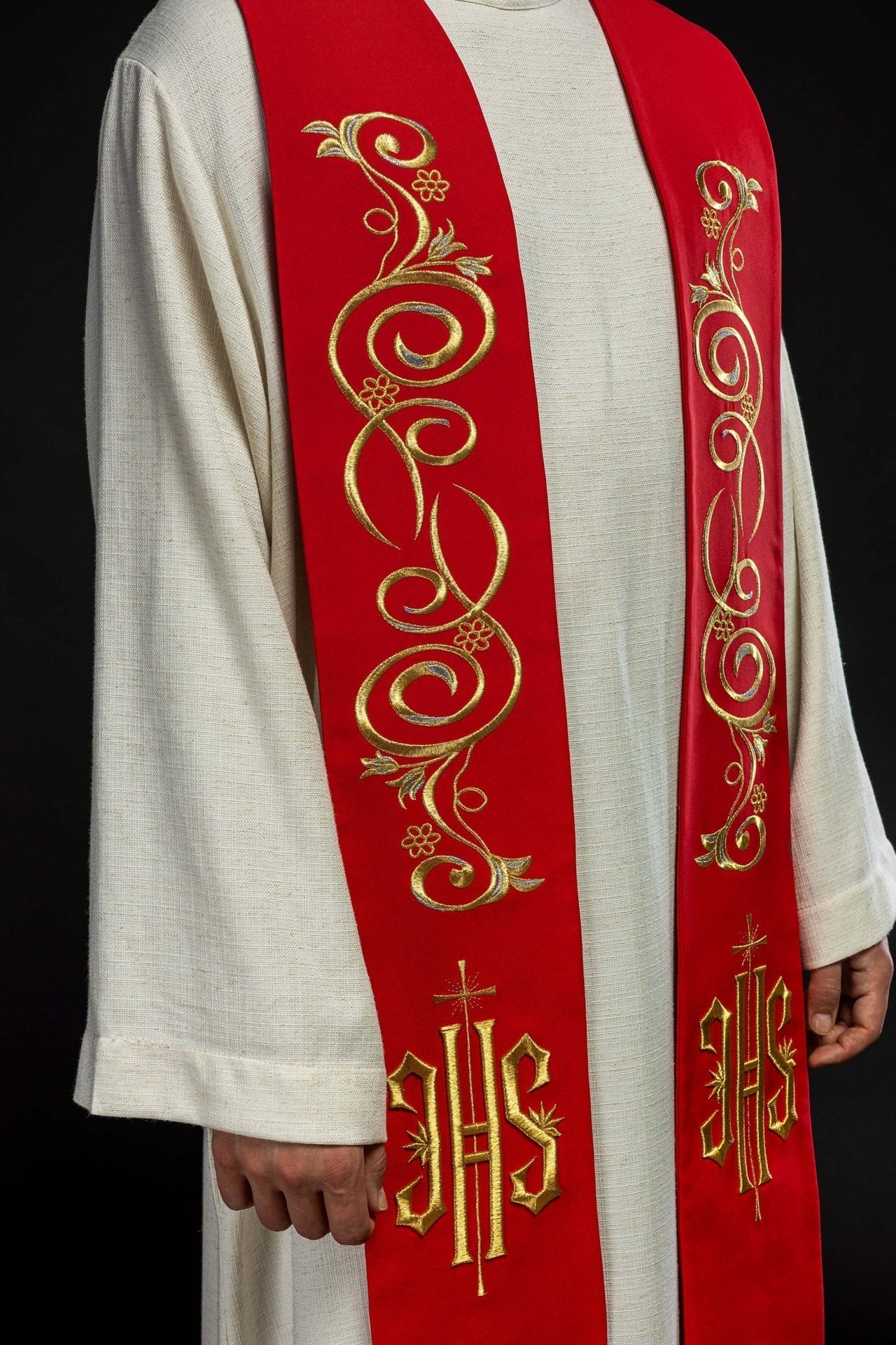 Bestickte Priesterstola IHS Rot - MESSGEWANDER.DE