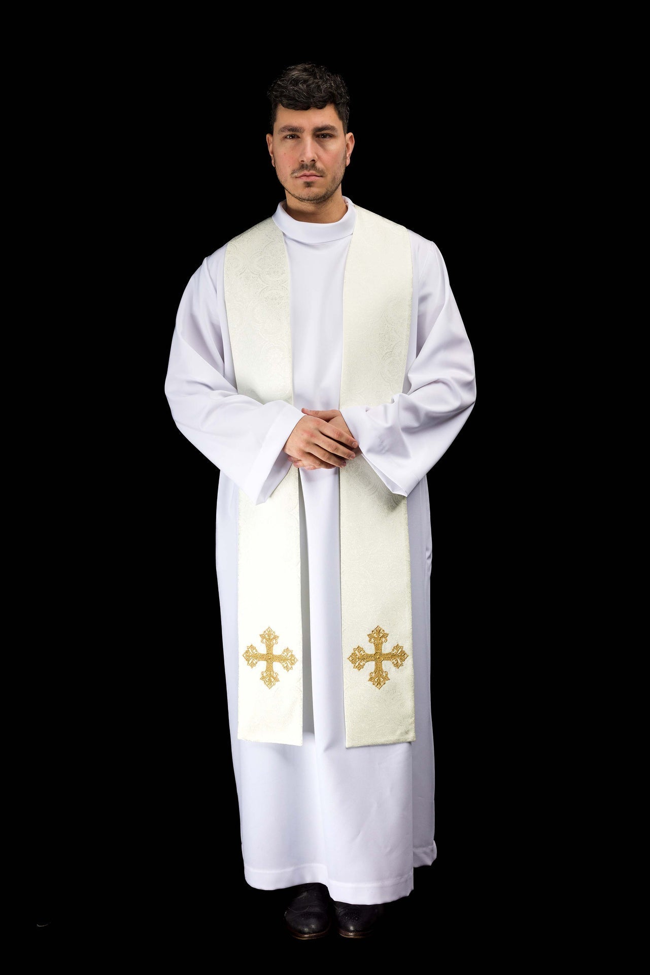 Bestickte Stola mit Kreuzmotiv aus ecrufarbenem Jacquardstoff - MESSGEWANDER.DE