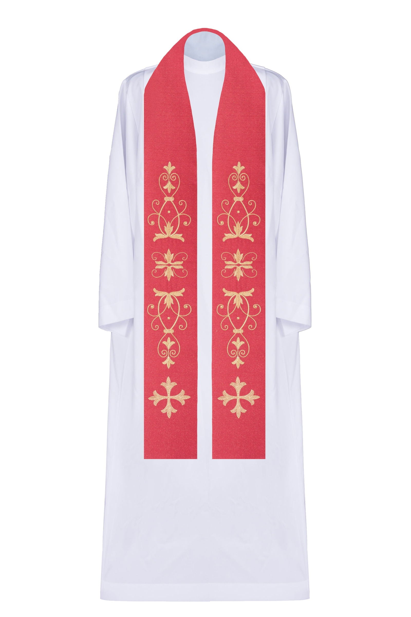 Rote Stola mit gesticktem Kreuz und floralem Motiv