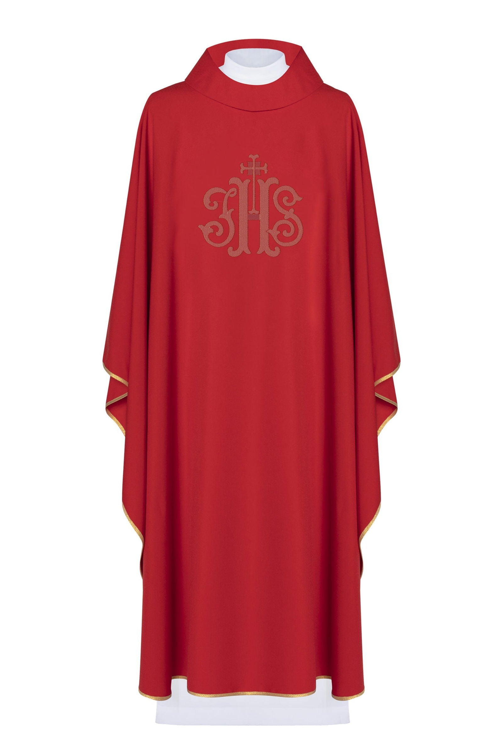 Rotes liturgisches Messgewand mit IHS-Stickerei