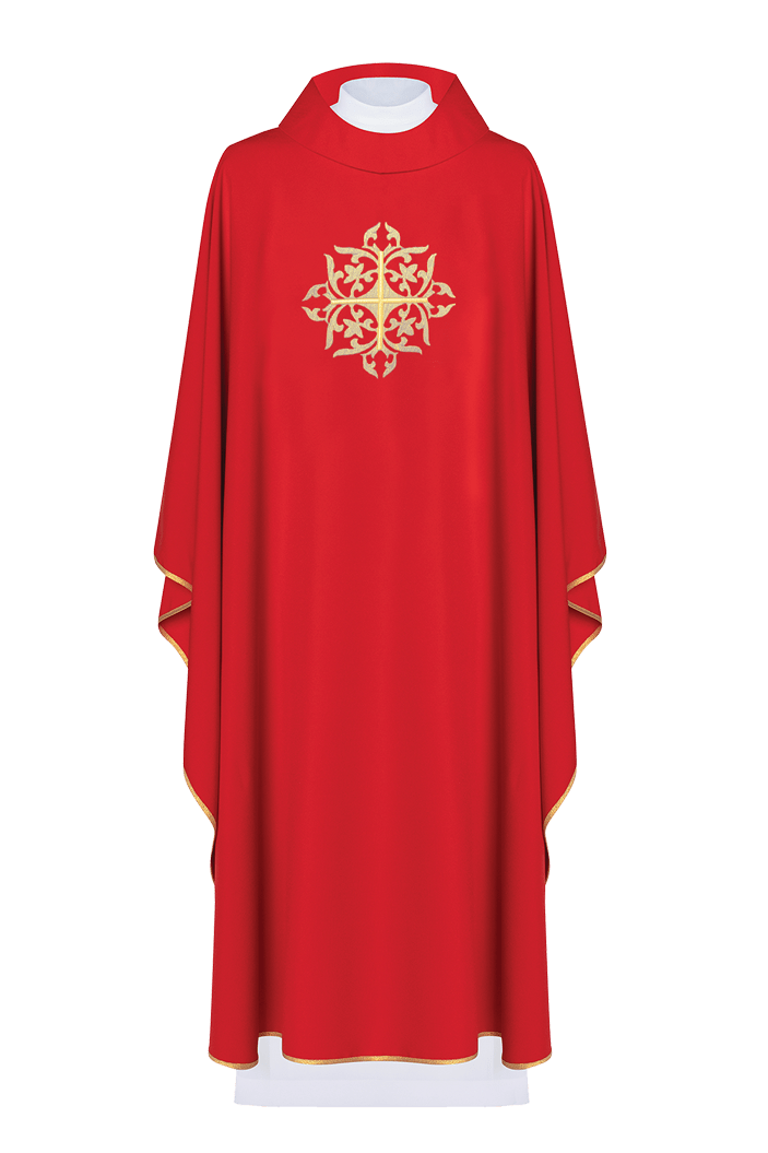 Gesticktes rotes Messgewand mit verziertem Kreuz - MESSGEWANDER.DE
