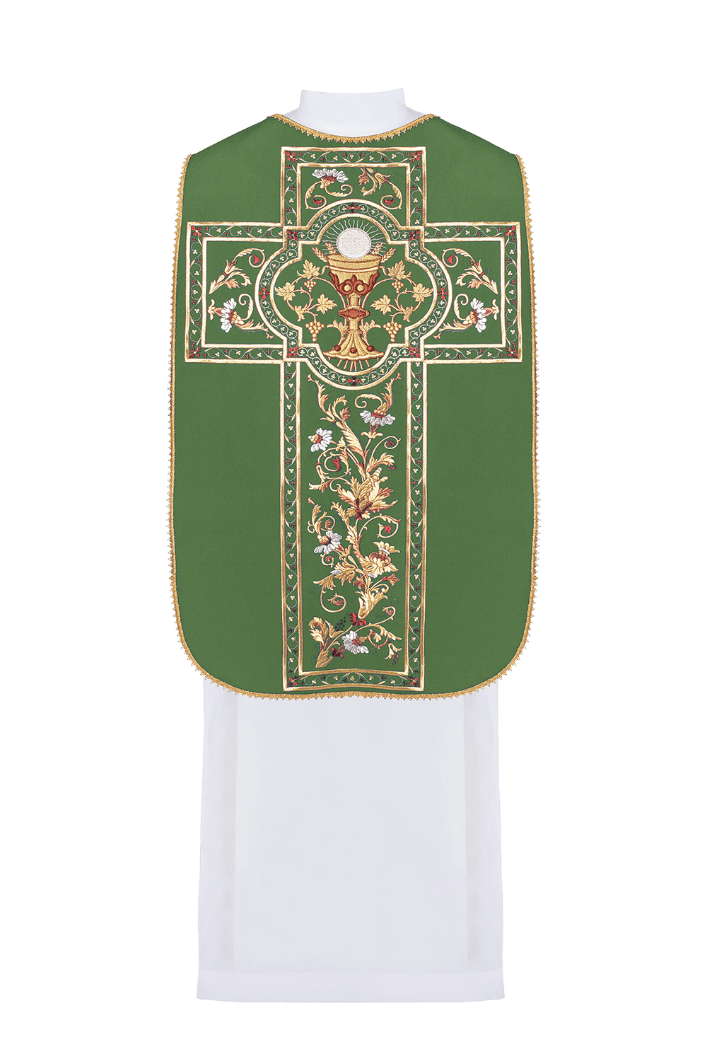 Grünes römisches Messgewand mit gesticktem eucharistischem Kelchmotiv - MESSGEWANDER.DE