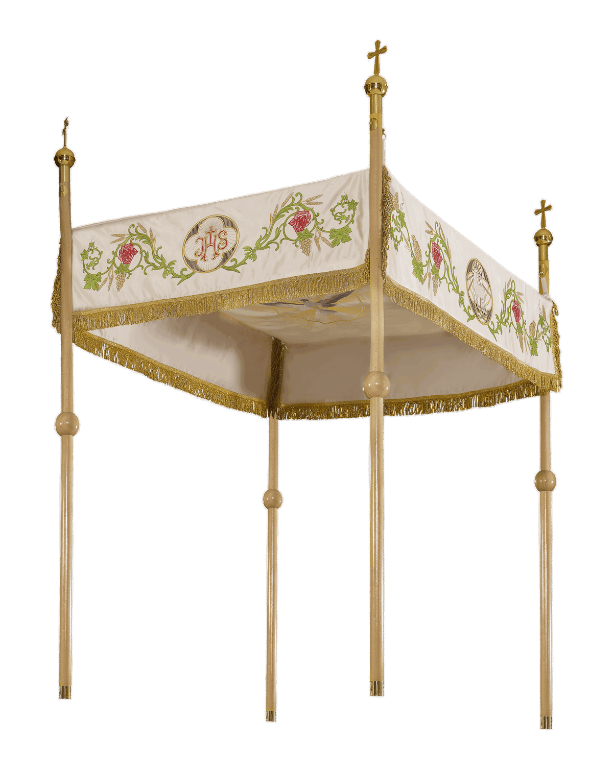 Baldachin liturgisch zu Fronleichnam Ecru, bestickt mit Agnus Dei und Kelch, Gesamtansicht