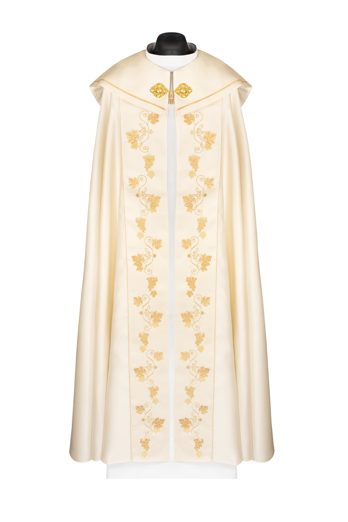 Liturgischer Rauchmantel mit gesticktem Kelch und IHS in Ecru, Vorderansicht mit goldener Blumenstickerei