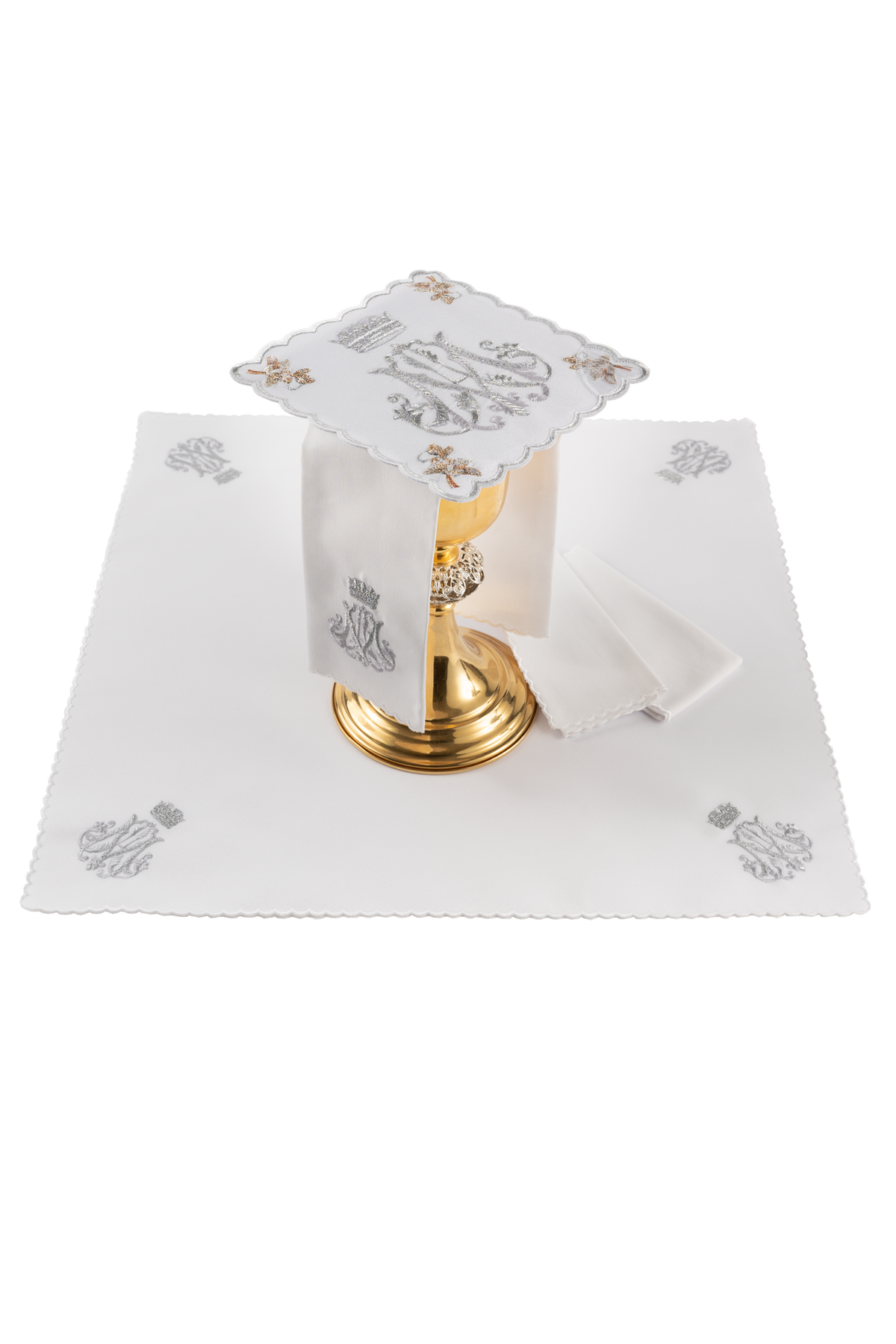Liturgisches Kalchwäsche-Set mit gesticktem Marienmotiv in Weiß, mit silberner Stickerei und goldenen Blumen
