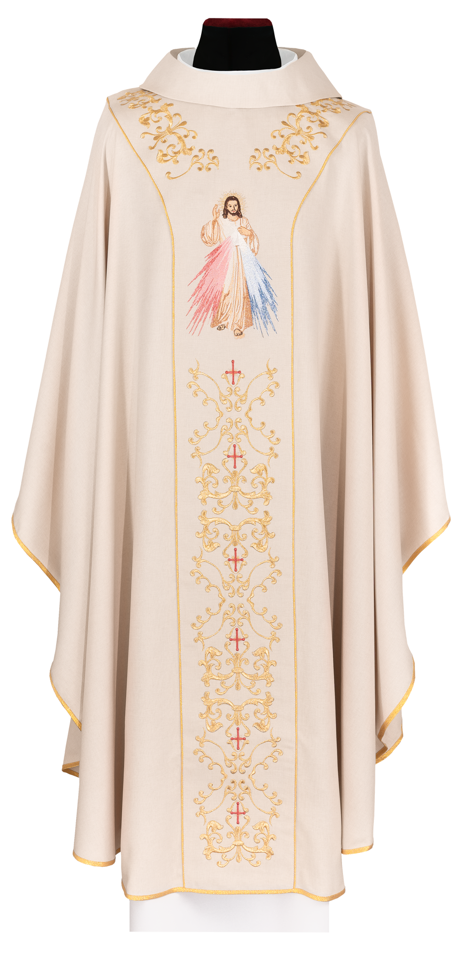 Kasel in Ecru mit dem Bildnis des Barmherzigen Jesus bestickt, Vorderansicht mit goldener Stickerei