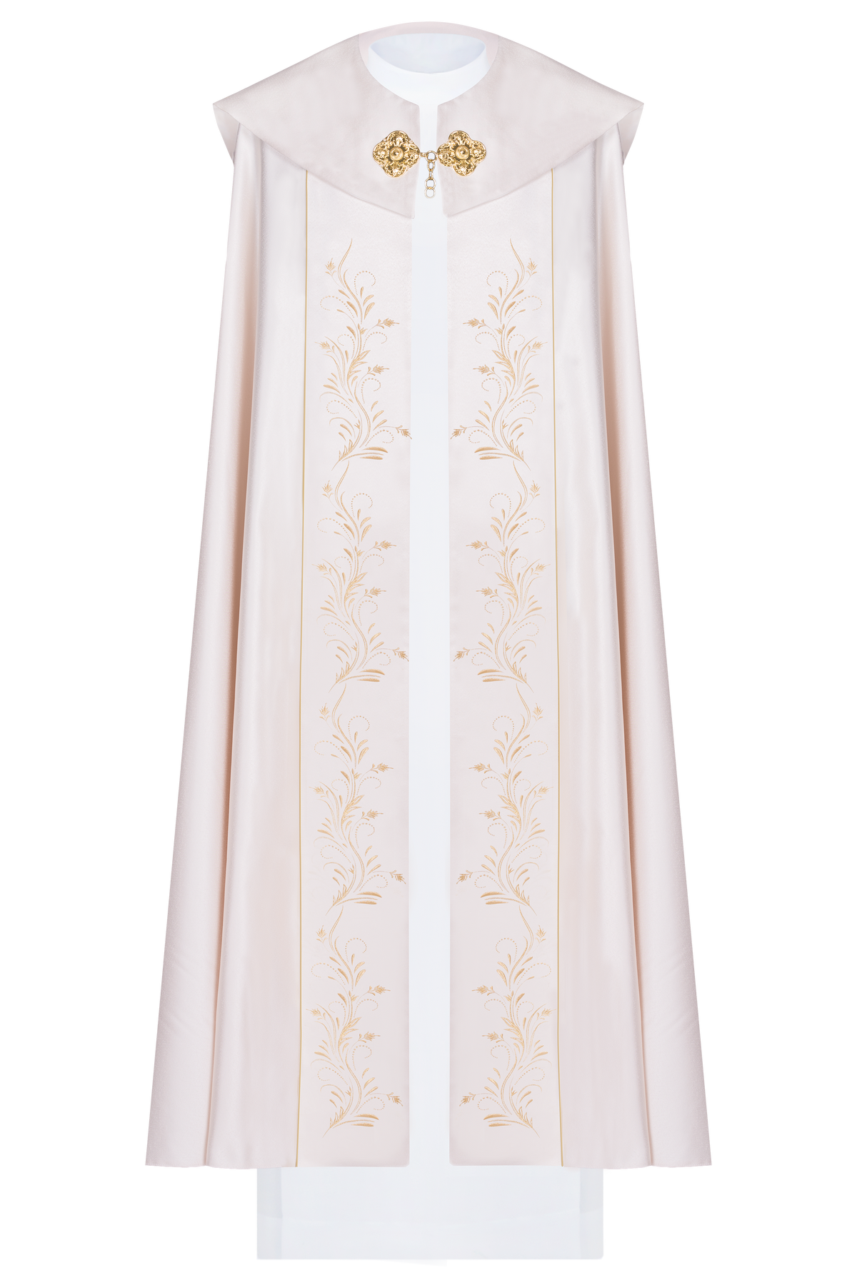 Ecrufarbenes eucharistisches Pluviale mit IHS-Motiv, Vorderansicht mit goldenen Rankenstickereien
