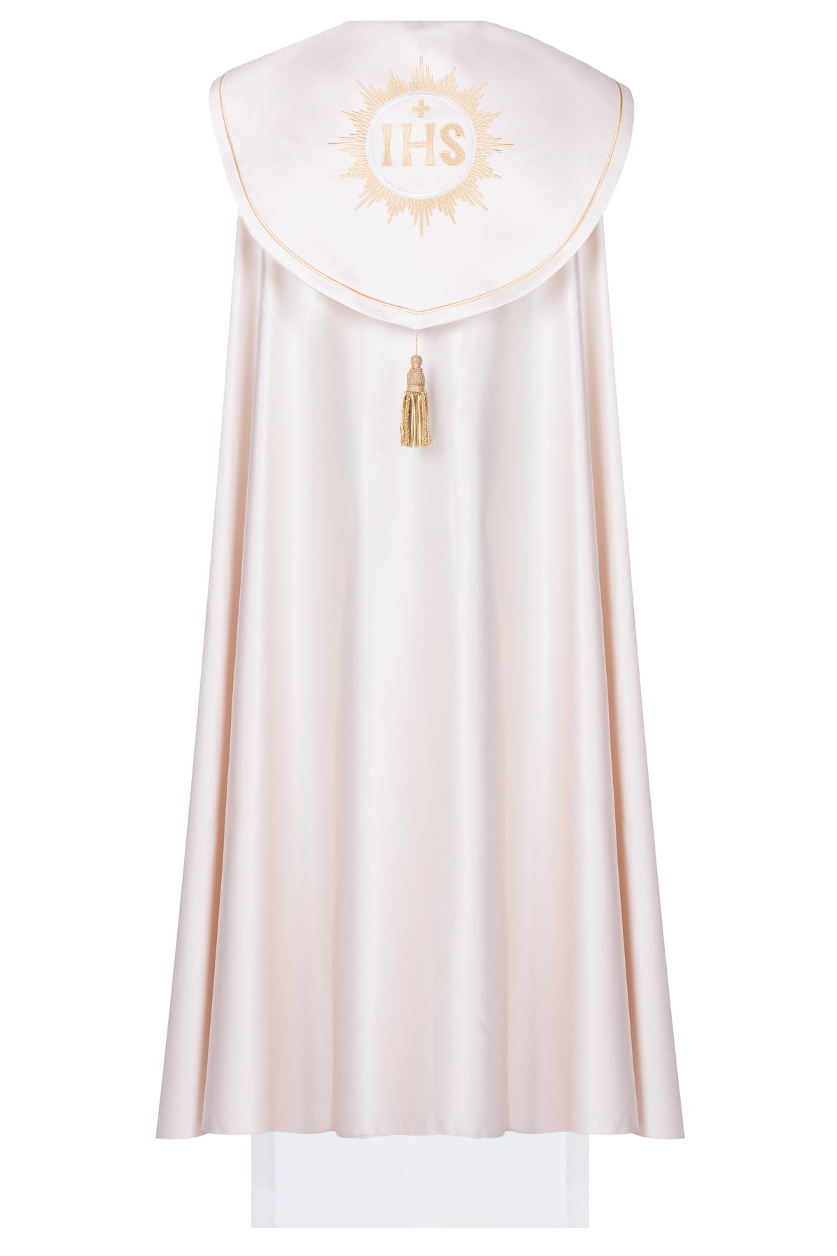 Eucharistisches Pluviale, Rückansicht mit goldenem IHS-Strahlenmotiv und Quaste