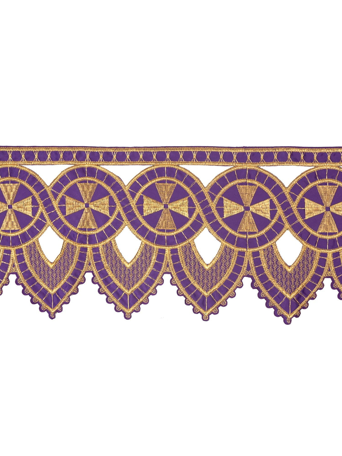 Meter mit Frontstickerei Kreuz Lila, Gesamtansicht mit violettem Stoff und goldener Kreuzornamentik