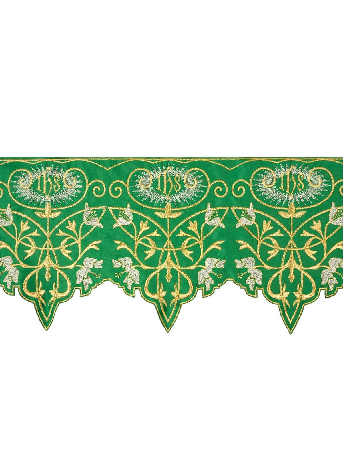 Meter mit IHS-Monogramm in Grün, Gesamtansicht mit goldenen Ranken und silbernen Blüten