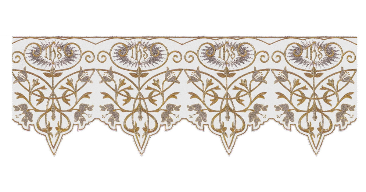 Meter mit IHS-Monogramm in Farbe, weiß mit gold- und silberfarbenem Ornamentmuster