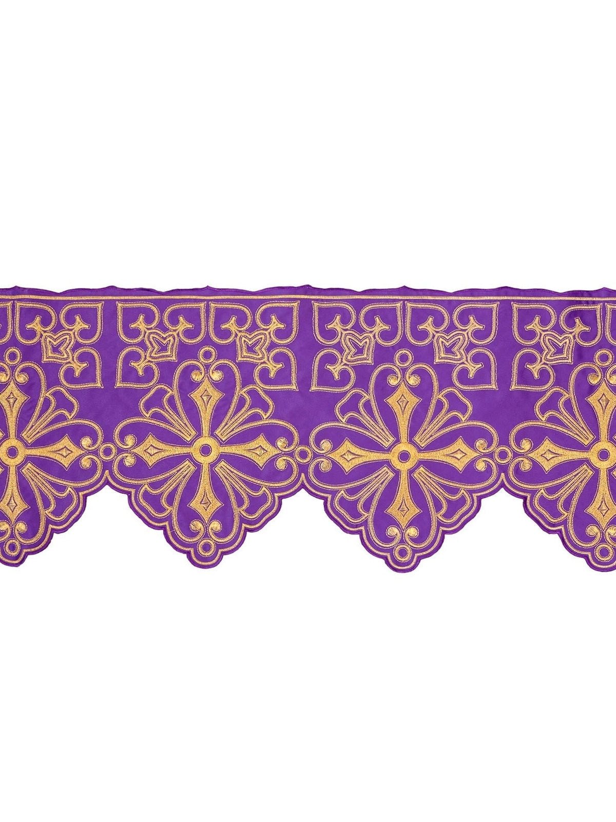 Meter mit Frontstickerei Rosette Violett, violetter Stoff mit goldener Rosettenstickerei und geschweiftem Abschluss