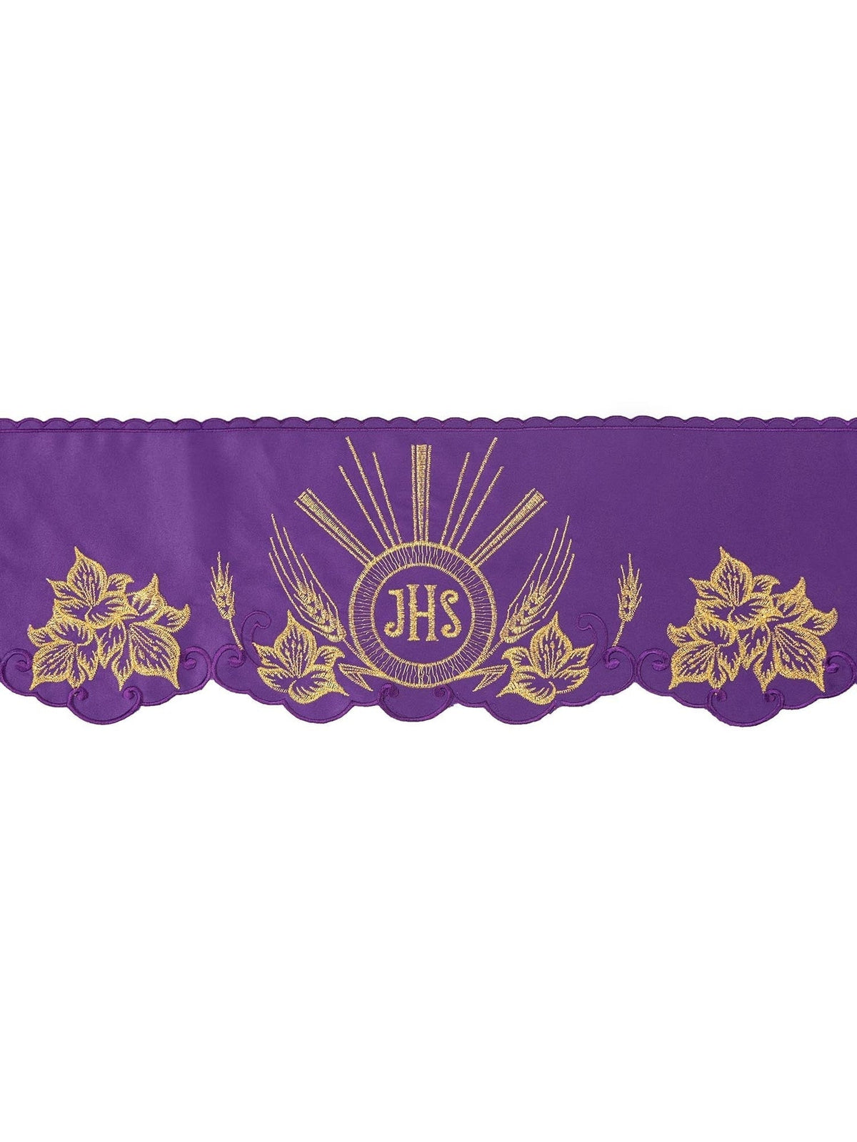 Meter mit Frontstickerei IHS Violett, Vorderansicht mit goldener IHS-Sonne und floralen Ornamenten