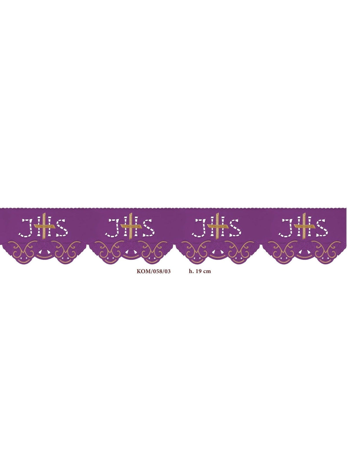 Meter mit Frontstickerei IHS-Kreuz Lila, Vorderansicht mit goldener Ornamentstickerei und IHS-Kreuzen