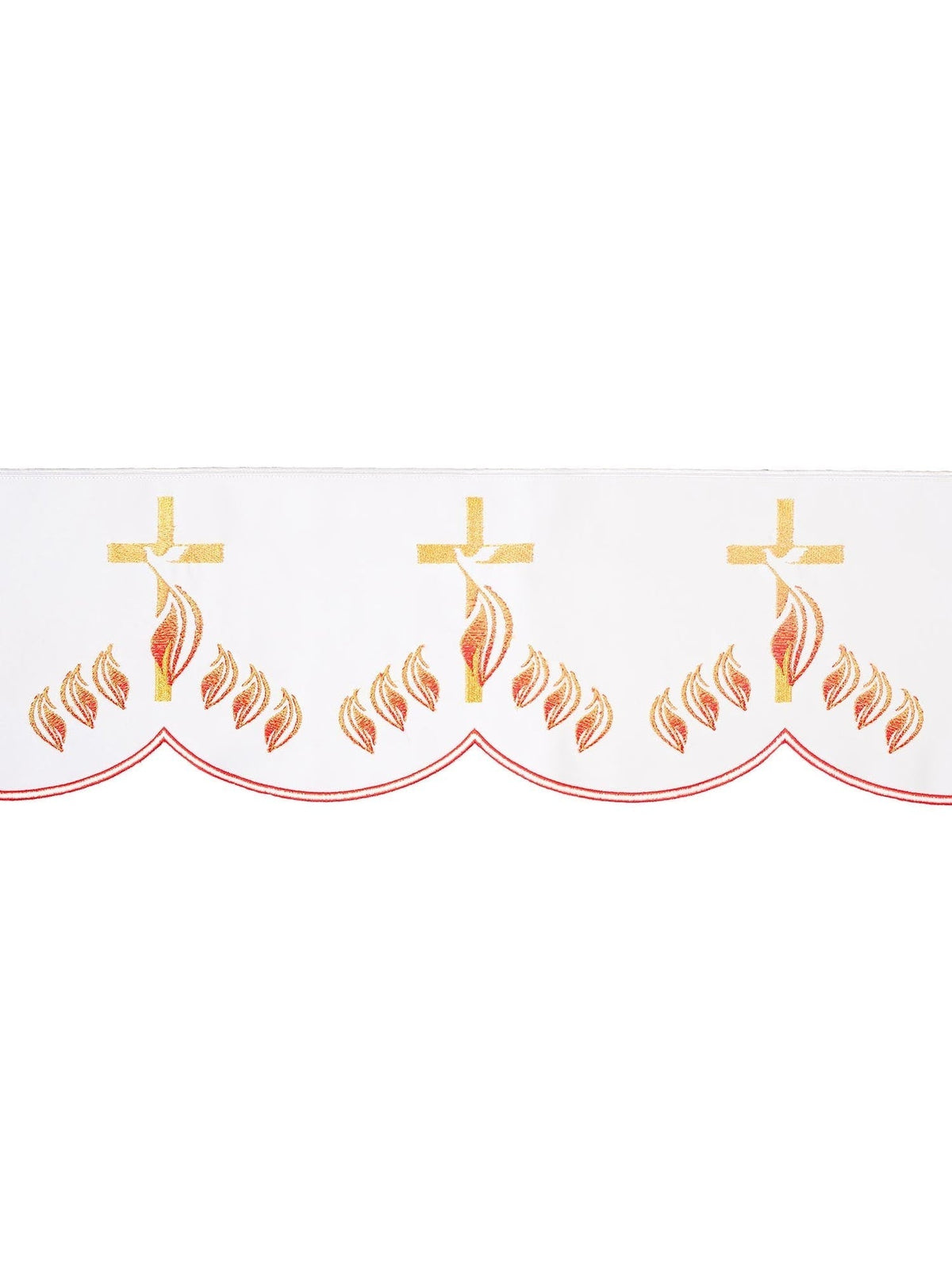 Vorderseite gesticktes Kreuz mit Flammen Weiß, Gesamtansicht mit goldenen Kreuzen und roten Flammen