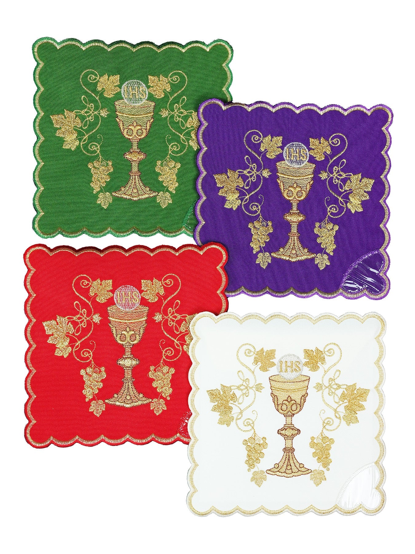 Set von Kelchpallen mit Kelchsymbol in vier liturgischen Farben