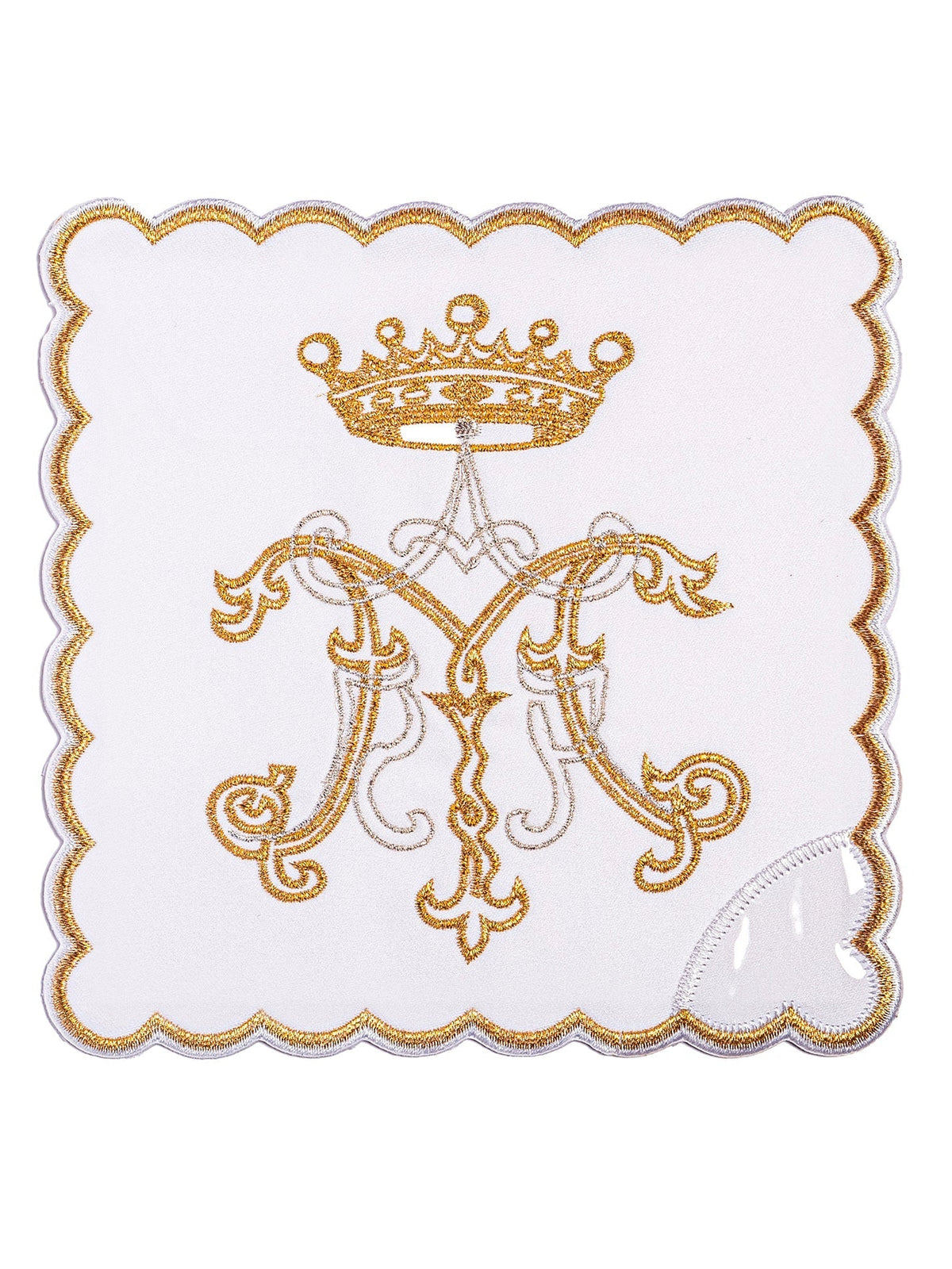 Kelchpalla mit gesticktem Marienmotiv, weiße Vorderseite mit goldener Krone und Zierornament