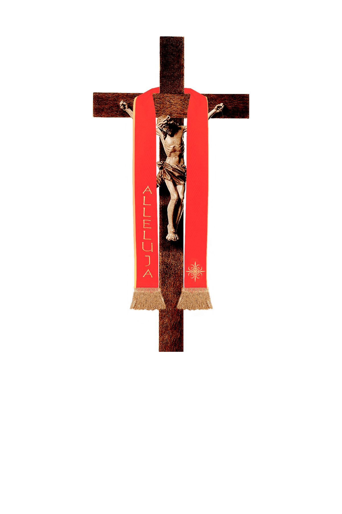 Kurze Stola für das Kreuz von Jesus, frontal in Rot mit goldener Aufschrift ALLELUJA und Kreuzsymbol