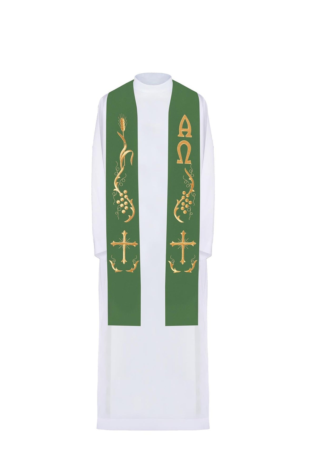 Bestickte grüne Priesterstola in Frontansicht mit goldener Ähren-, Trauben-, Kreuz- und Alpha-Omega-Stickerei