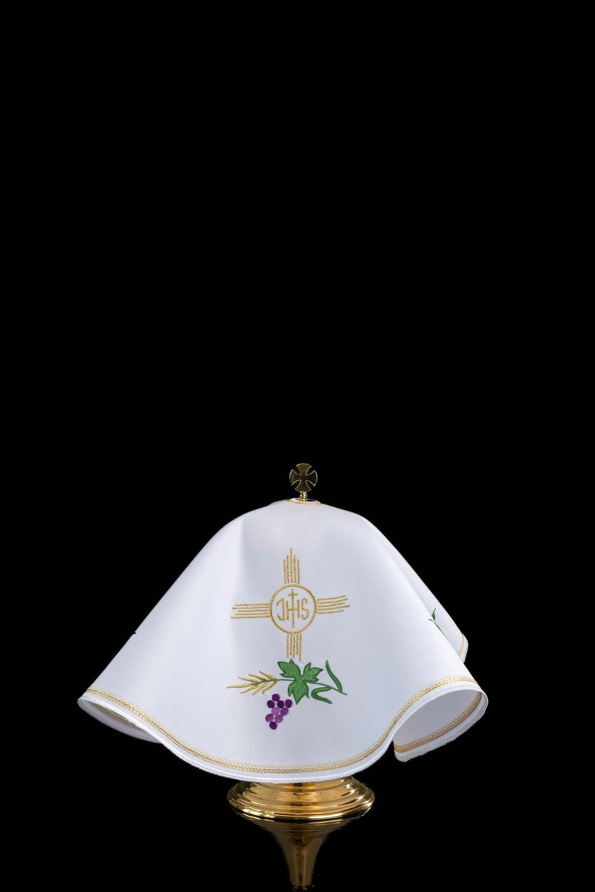 Rundes Ziboriumvelum mit IHS-Stickerei, 53 cm, weiß mit goldener Stickerei und Traubenmotiv, Vorderansicht