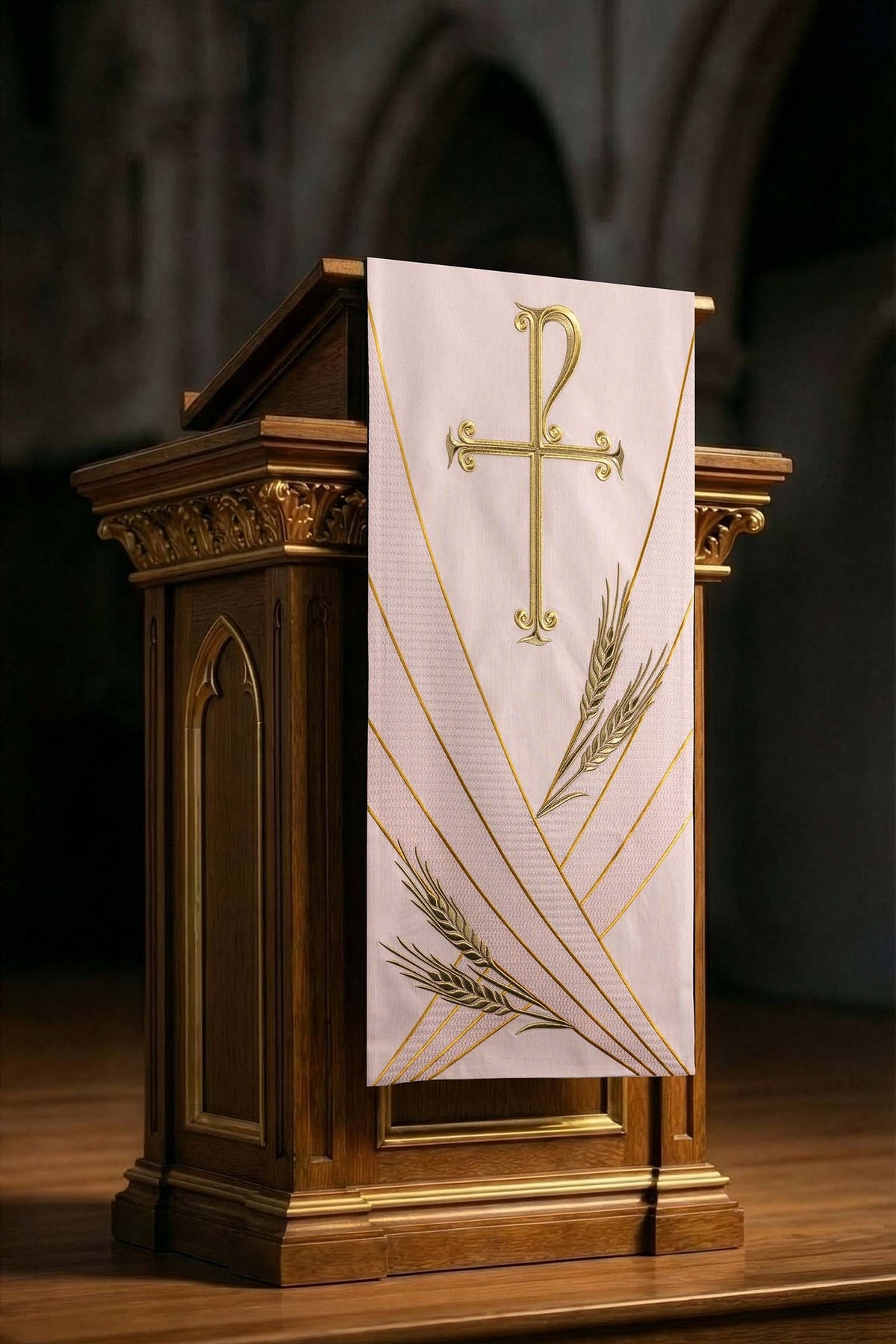 Rosa Antependium mit PAX-Stickerei, Vorderansicht mit goldenem Kreuz, Ähren und Linien