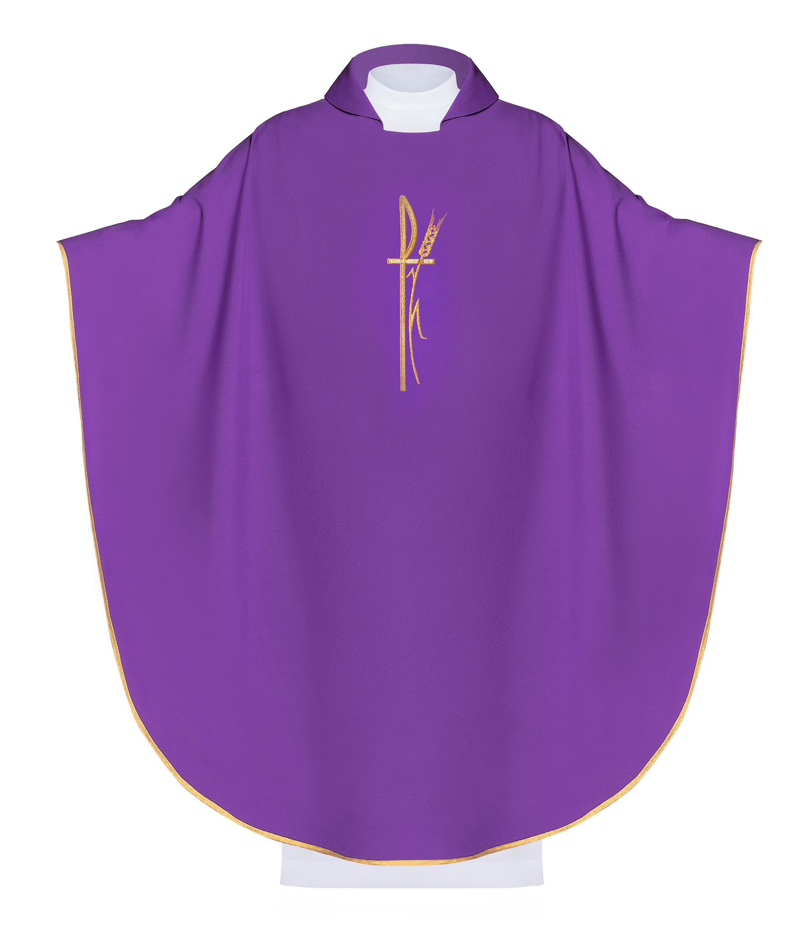 Lila liturgisches Messgewand mit breitem Kragen und zart besticktem Kreuz - MESSGEWANDER.DE