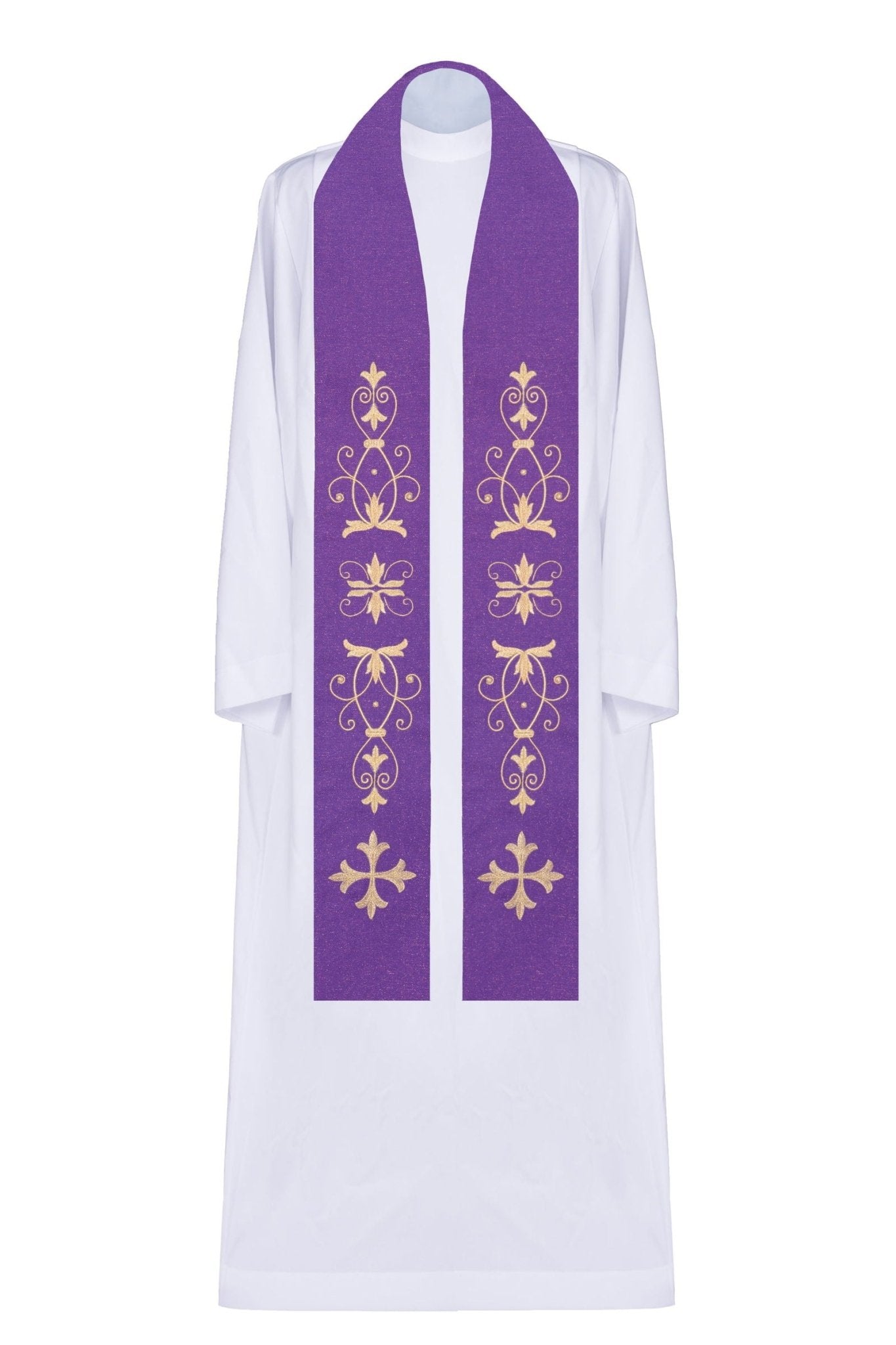 Lila Stola mit gesticktem Kreuz und floralem Motiv - MESSGEWANDER.DE