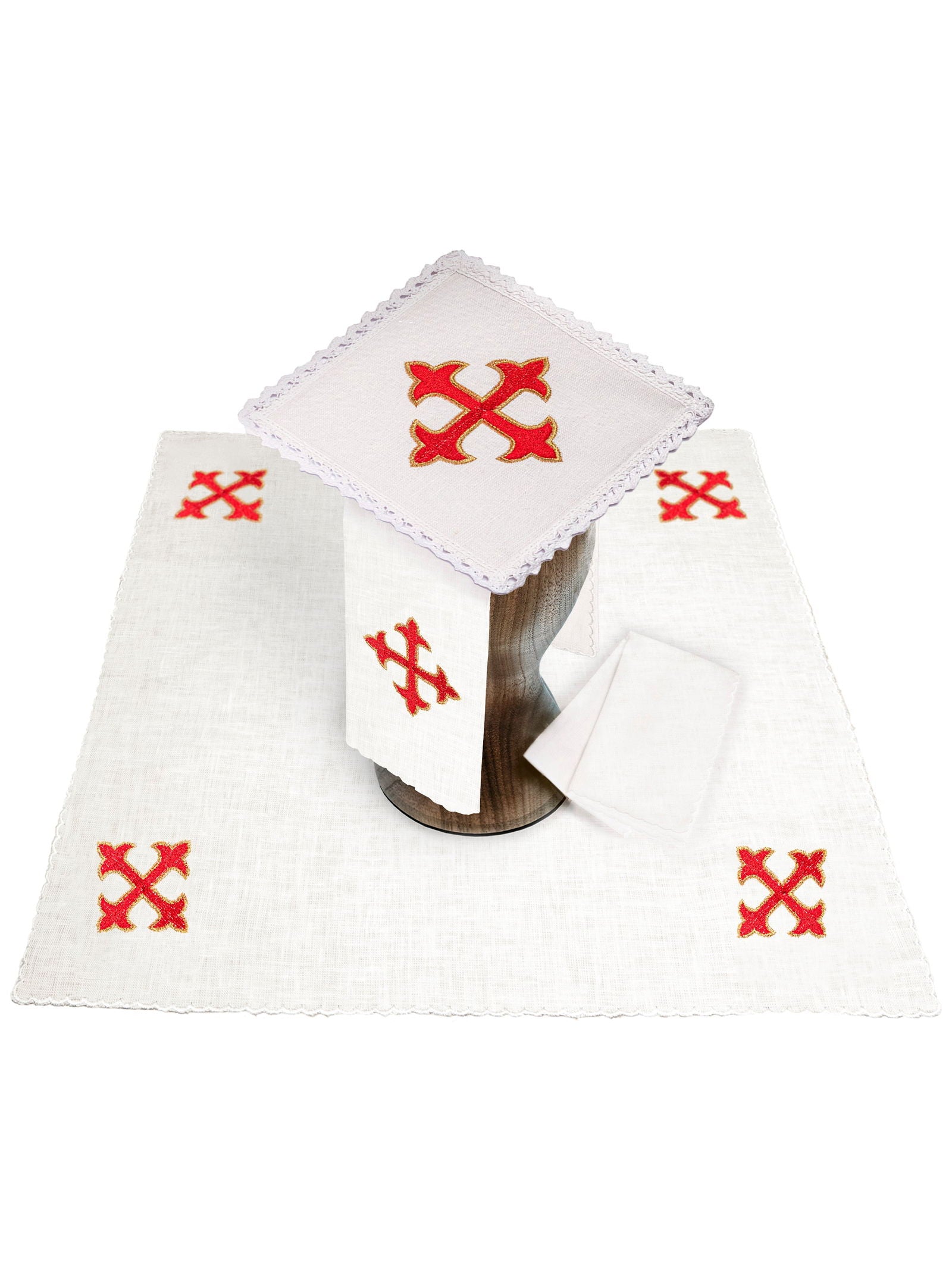Weißes Kelchwäsche-Set mit roter Kreuzstickerei und Spitzenrand