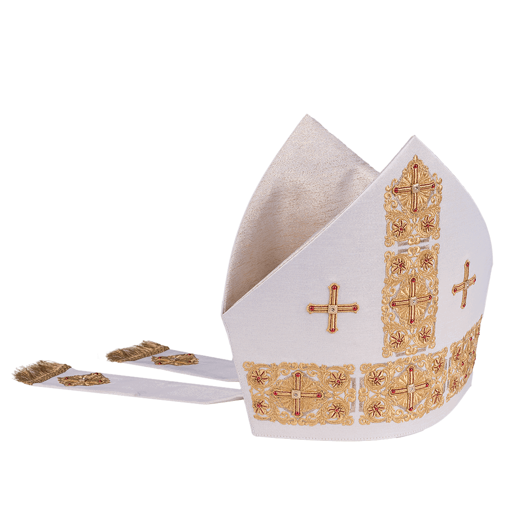 Mitra haftowana bogato zdobiona z motywem krzyża