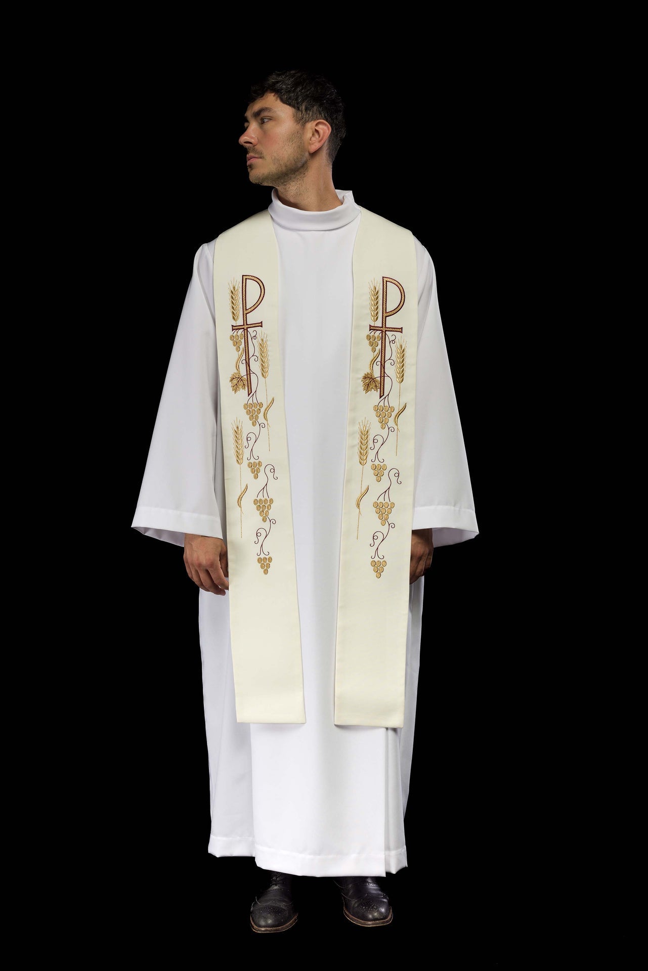Priesterstola besticktes Kreuz mit Trauben ecru - MESSGEWANDER.DE