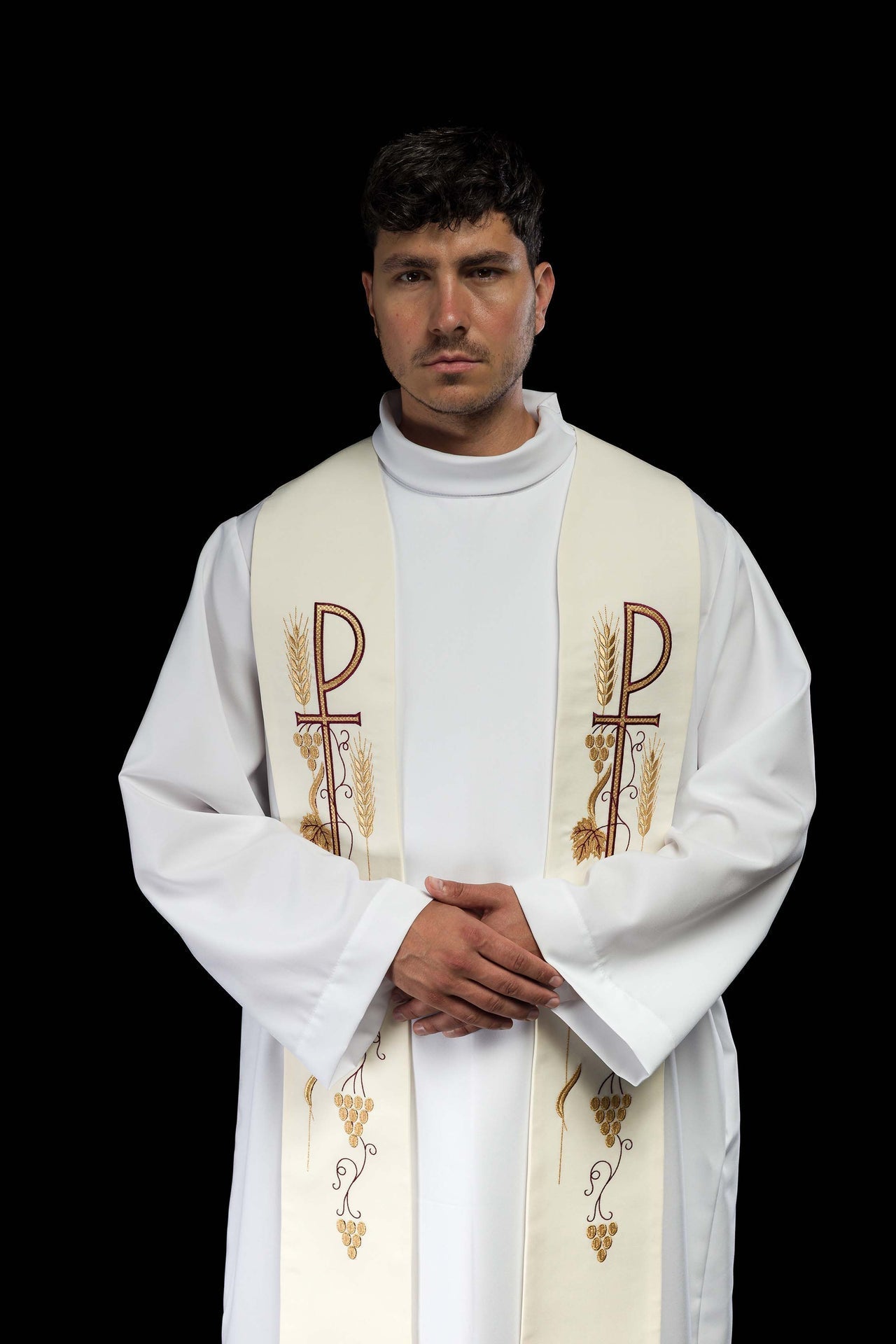 Priesterstola besticktes Kreuz mit Trauben ecru - MESSGEWANDER.DE