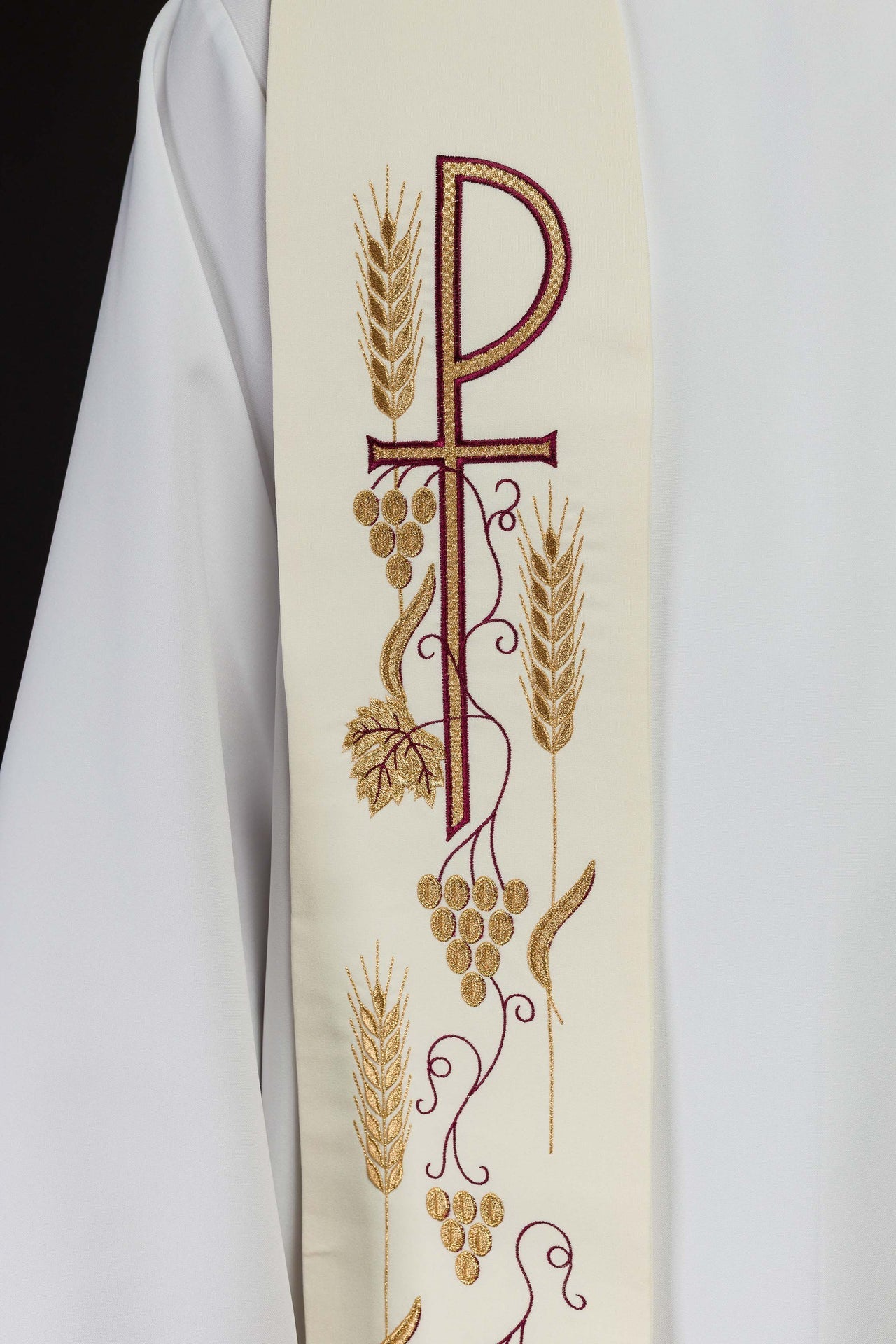 Priesterstola besticktes Kreuz mit Trauben ecru - MESSGEWANDER.DE