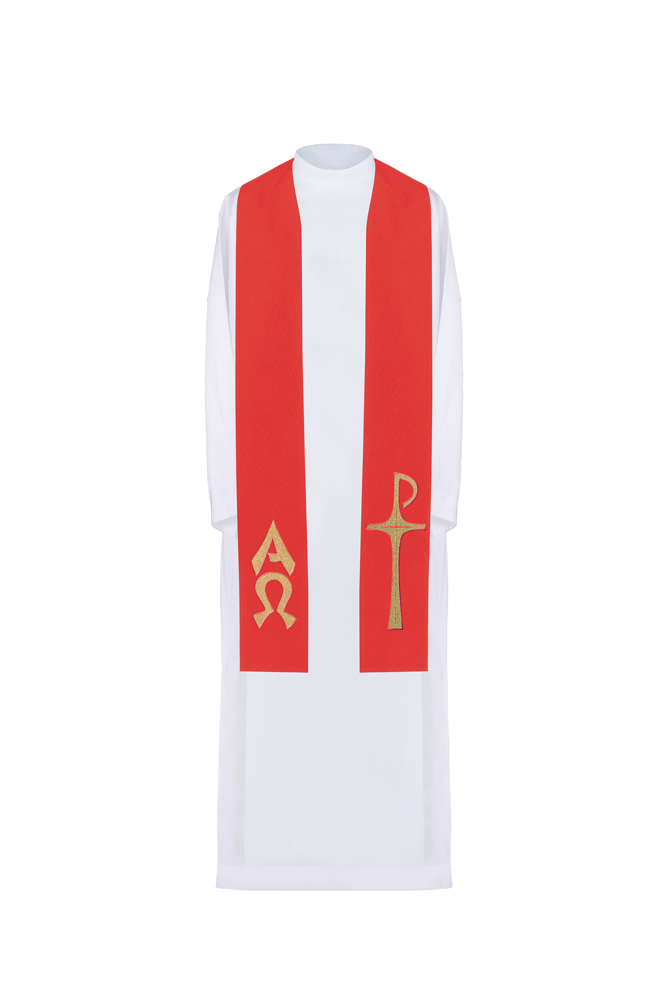 Priesterstola mit gesticktem Alpha und Omega Motiv in Rot - MESSGEWANDER.DE
